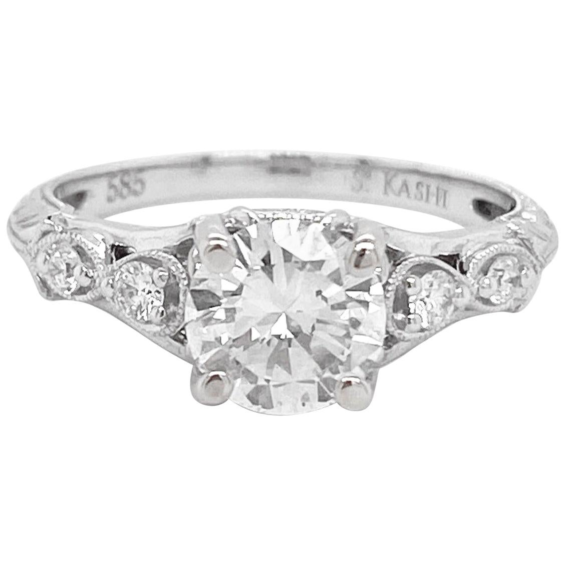 For Sale:  1 Carat Diamond Engagement Ring, White Gold, Round, Vintage, Detailed