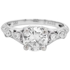 1 Carat Diamond Engagement Ring, White Gold, Round, Vintage, Detailed