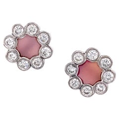 1 Carat Diamond Floret Stud Earrings w Pink Opal Centers in White Gold