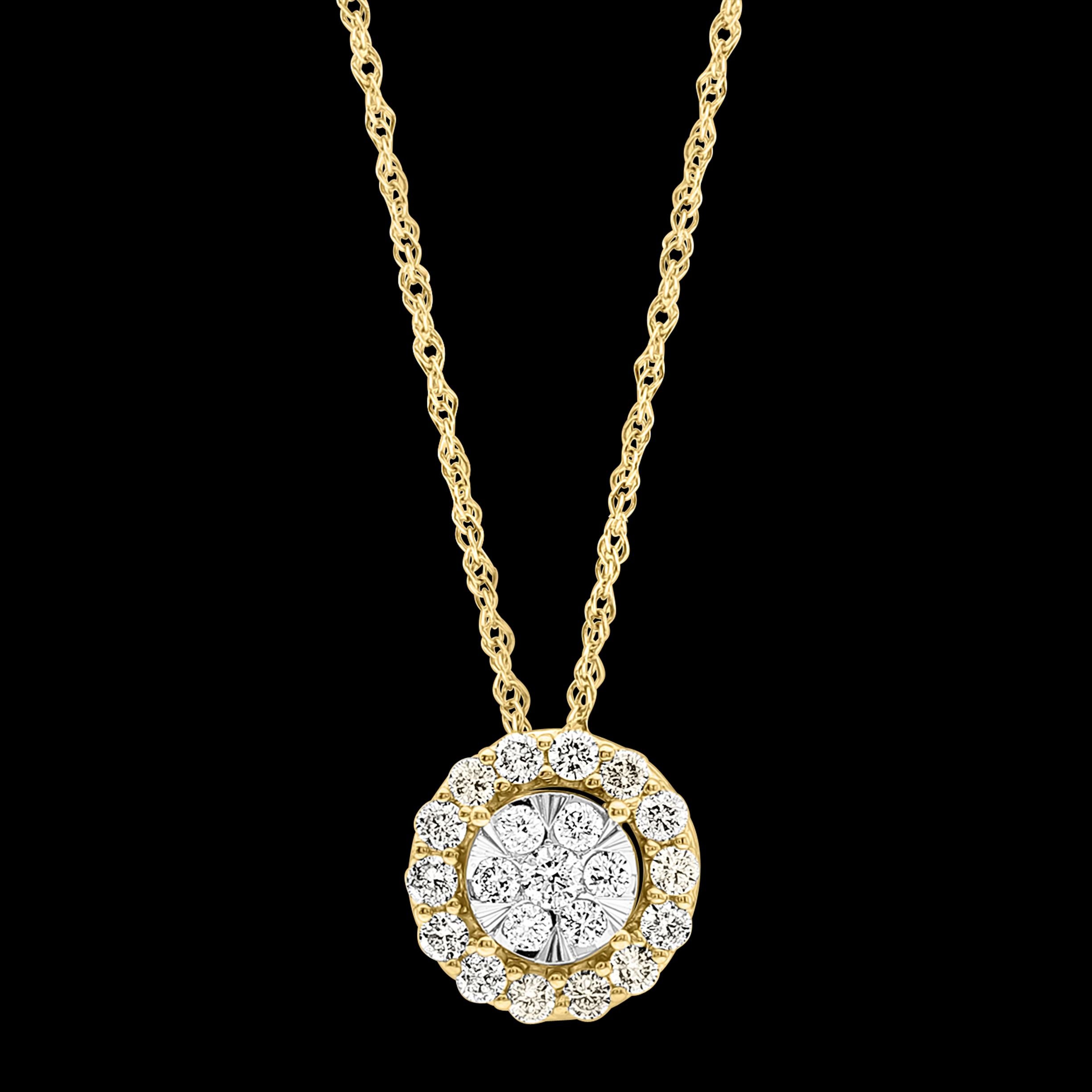 Approximately 1 Carat Diamond Flower Pendant/ Necklace 14 Karat Yellow Gold with Chain 18