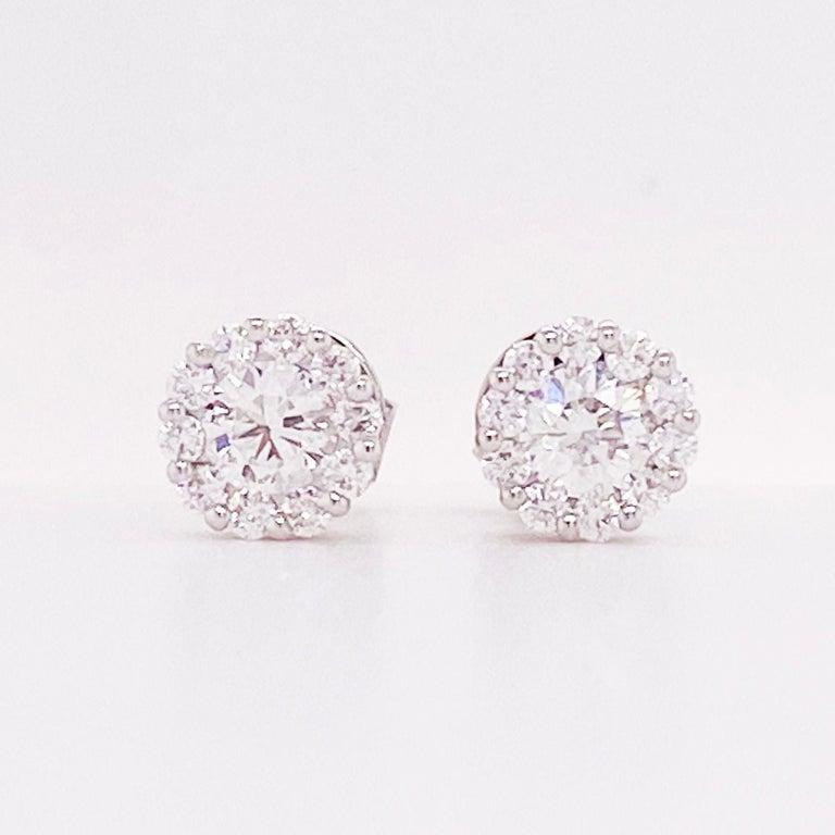 1 Carat Diamond Halo Stud Earrings 18K White Gold Diamond Cluster
