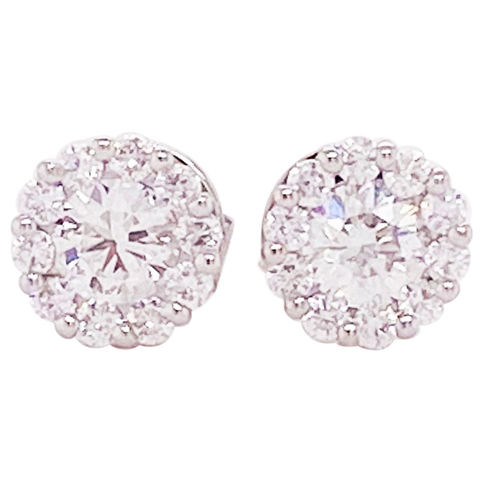 1 Carat Diamond Halo Stud Earrings 18K White Gold Diamond Cluster Earrings 1 ct For Sale