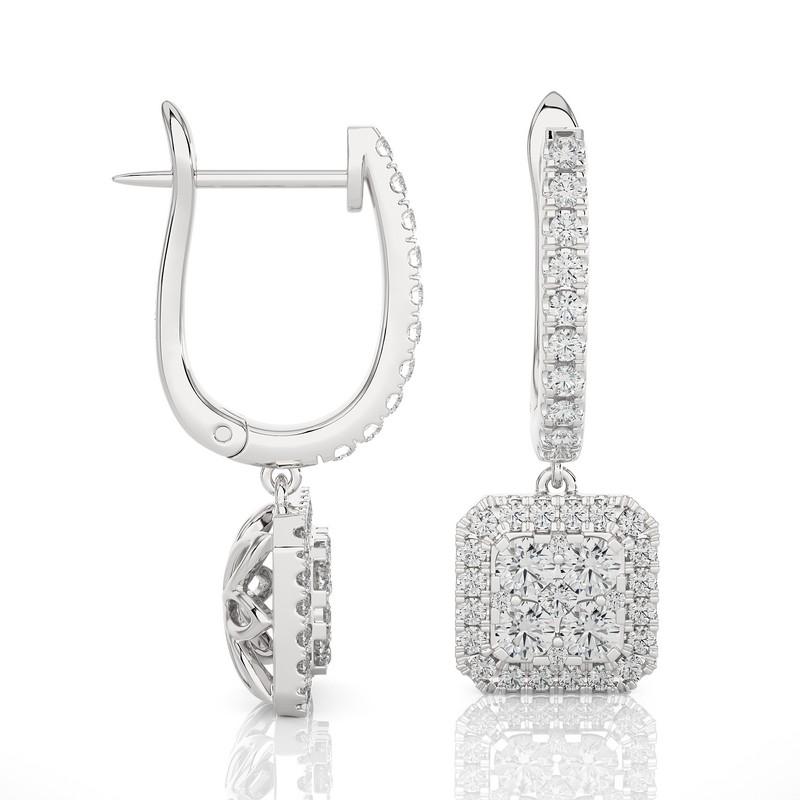 Modern 1 Carat Diamond Moonlight Cushion Cluster Earring in 14K White Gold For Sale