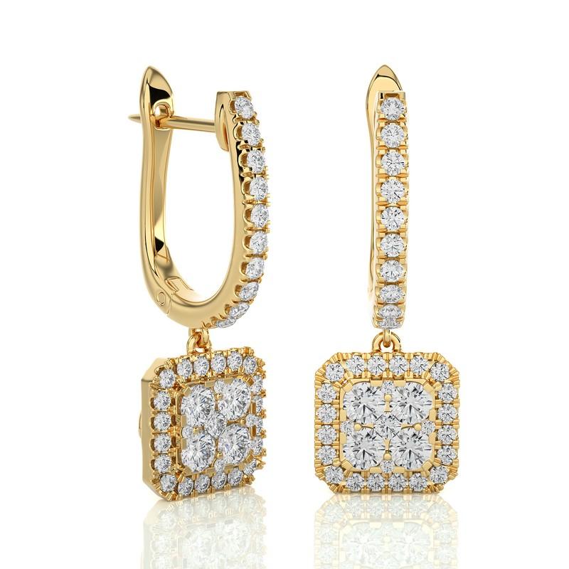 The Moonlight Cushion Cluster Lever Back Earrings are a radiant masterpiece, crafted from 3.41 grams of 14K yellow gold. These earrings showcase a stunning cluster of 78 excellent round diamonds, totaling 1 carats. The design is both elegant and