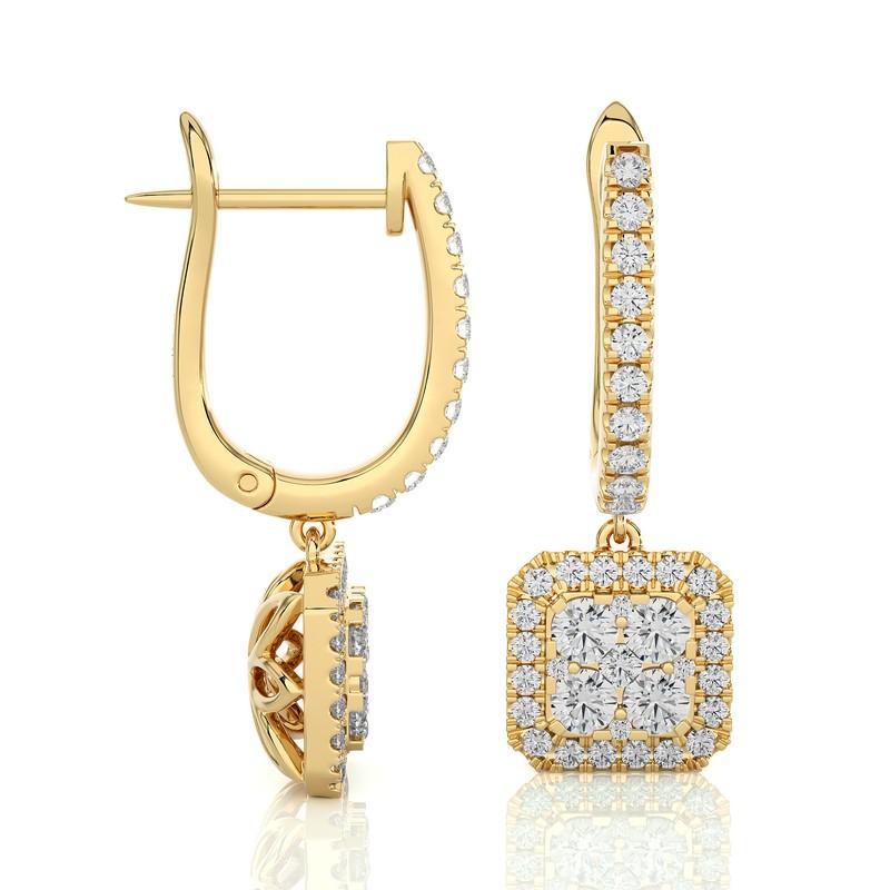 Modern 1 Carat Diamond Moonlight Cushion Cluster Earring in 14K Yellow Gold For Sale