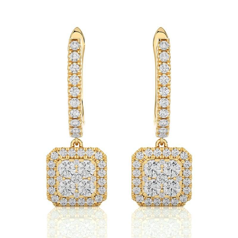 Round Cut 1 Carat Diamond Moonlight Cushion Cluster Earring in 14K Yellow Gold For Sale