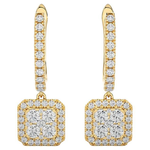 1 Carat Diamond Moonlight Cushion Cluster Earring in 14K Yellow Gold For Sale