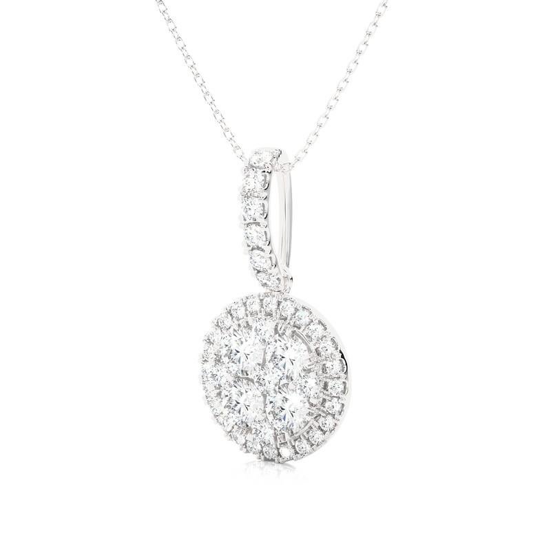 Erhöhen Sie Ihren Stil mit unserem exquisiten, 1 Karat schweren Moonlight Round Cluster-Anhänger aus elegantem 14 Karat Weißgold mit einem Gewicht von 1,68 Gramm. Dieser Anhänger hat eine Länge von 21,5 mm, wobei 10 mm von der Öse verdeckt werden,