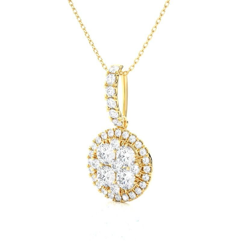 Elevate your style with our exquisite 1 carat total weight Moonlight Round Cluster Pendant, fashioned in elegant 14K yellow gold weighing 1.68 grams. This pendant is a captivating 21.5 mm in length, with 10 mm concealed by the bail, ensuring its