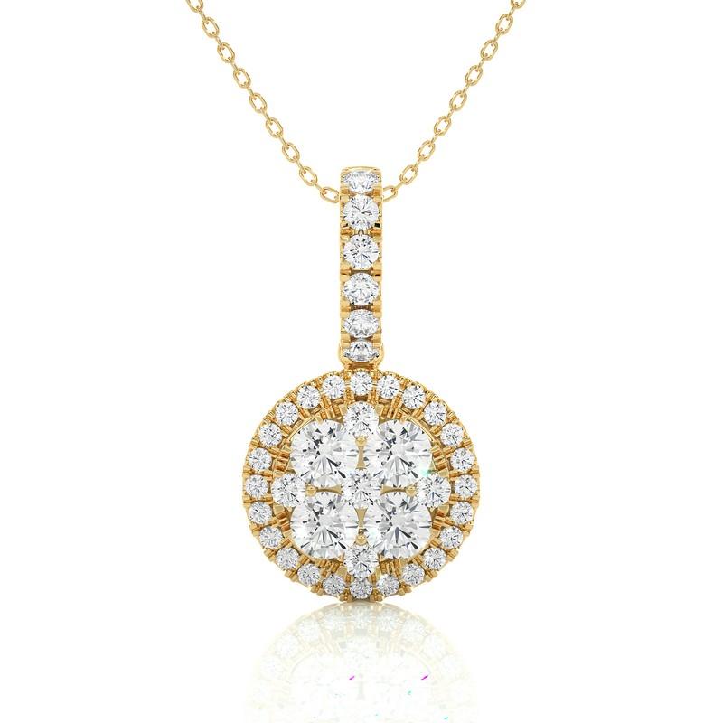 Round Cut 1 Carat Diamond Moonlight Round Cluster Pendant in 14K Yellow Gold  For Sale