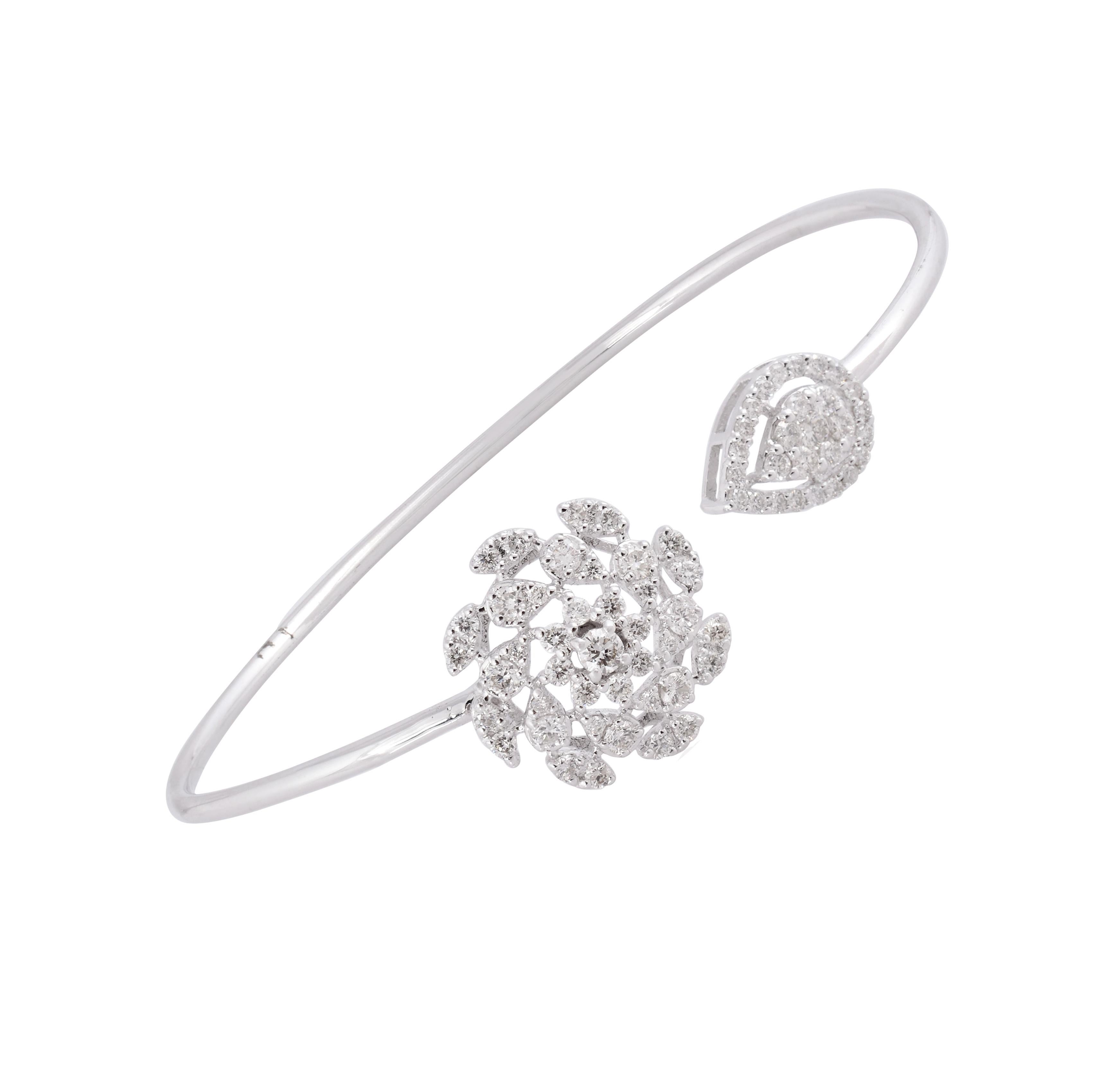 Women's 1 Carat Diamond Pave Cuff Bangle Bracelet 18 Karat White Gold Handmade Jewelry For Sale