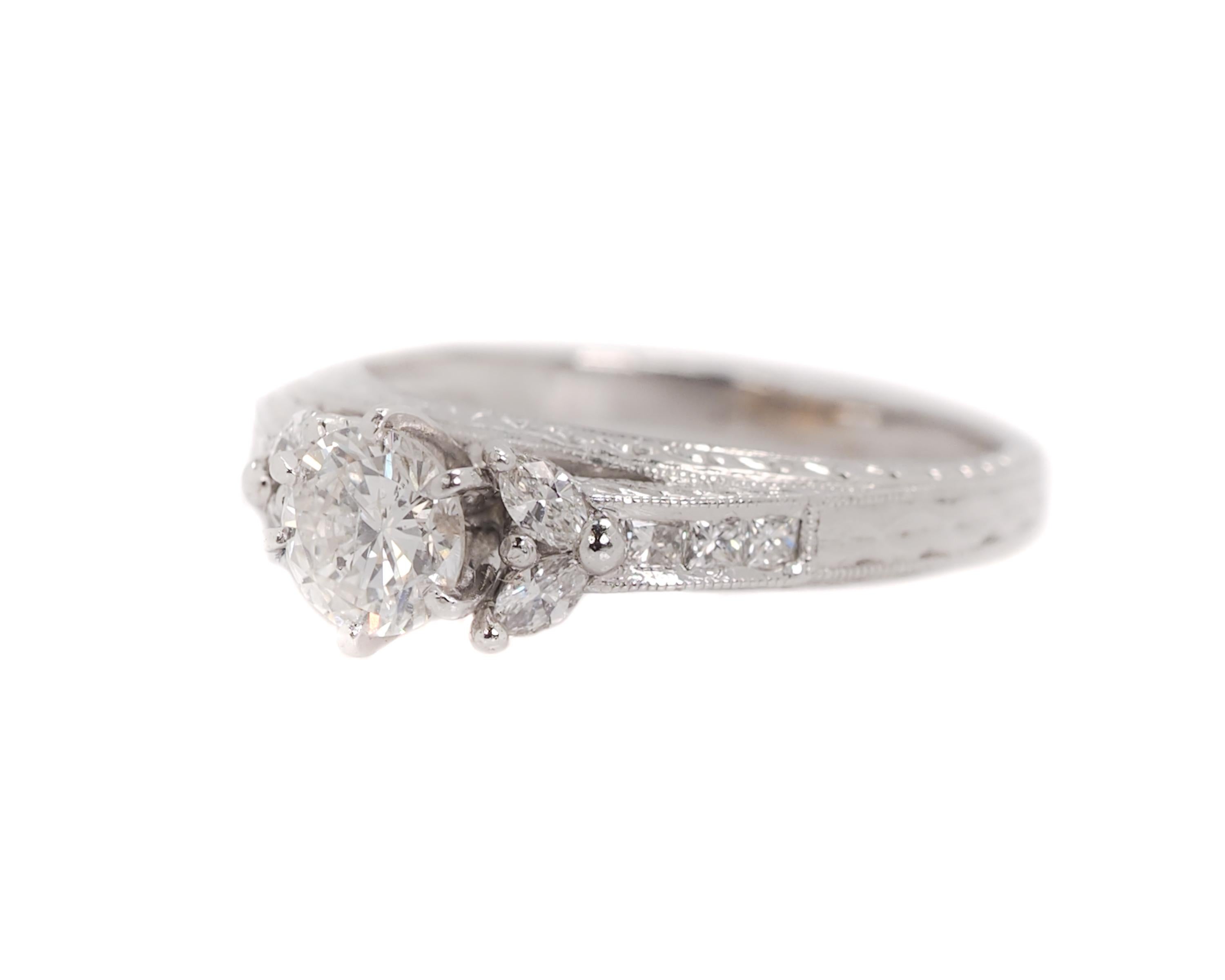 Modern 1 Carat Diamond Platinum Engagement Ring, Vintage Inspired