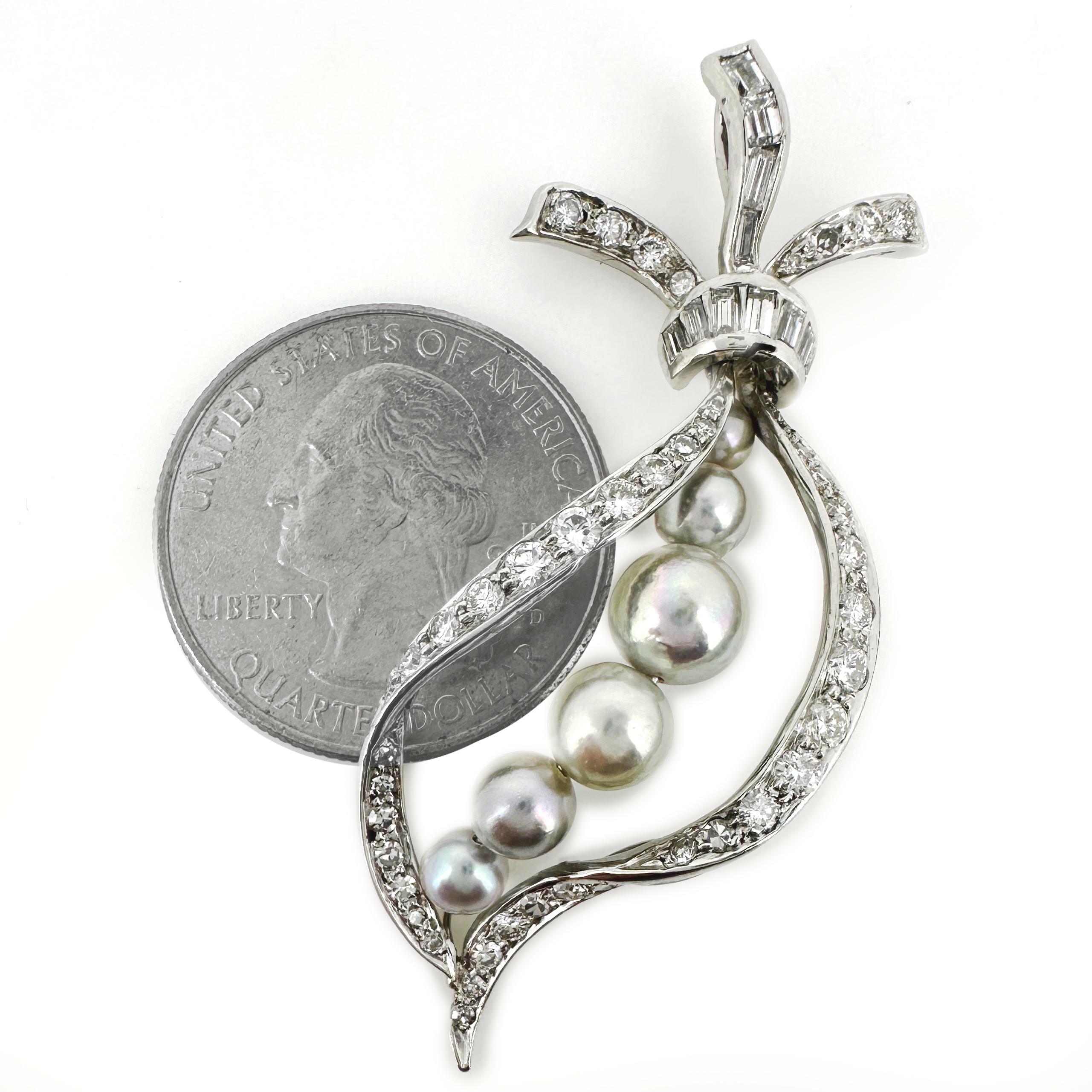 1 Carat Diamond Ribbon Pendant in Platinum with Silver-Blue Akoya Pearls For Sale 5