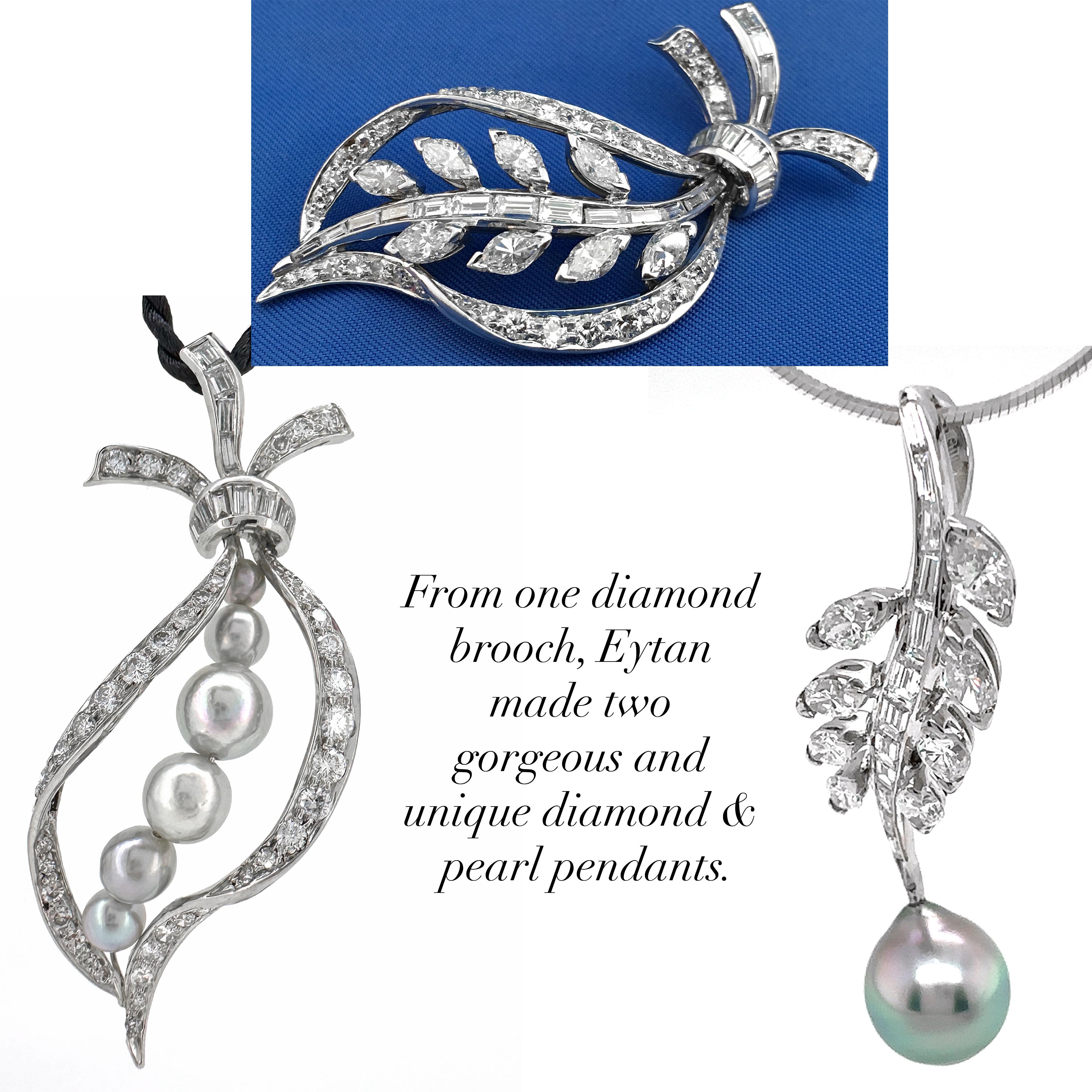 1 Carat Diamond Ribbon Pendant in Platinum with Silver-Blue Akoya Pearls For Sale 5