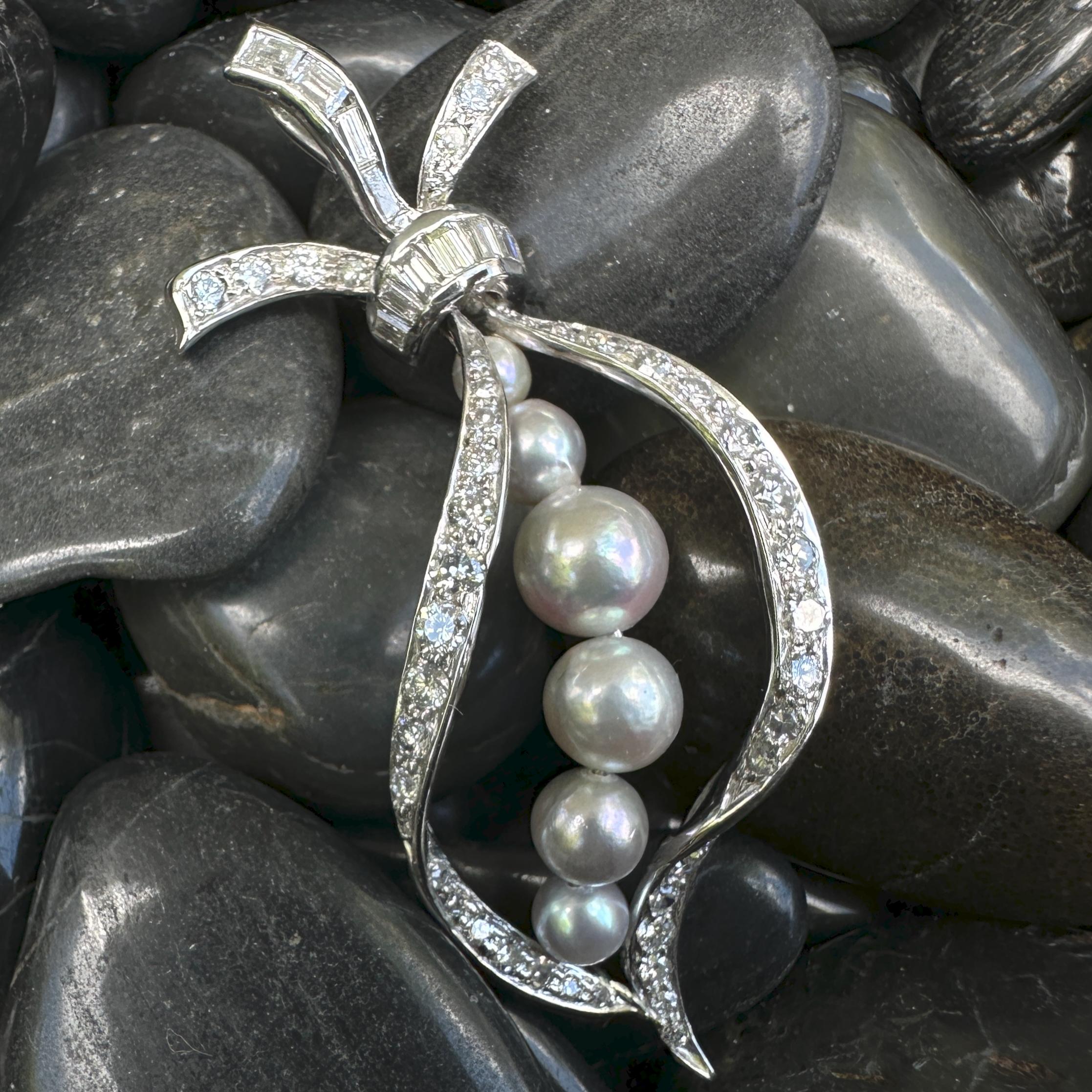 Brilliant Cut 1 Carat Diamond Ribbon Pendant in Platinum with Silver-Blue Akoya Pearls For Sale