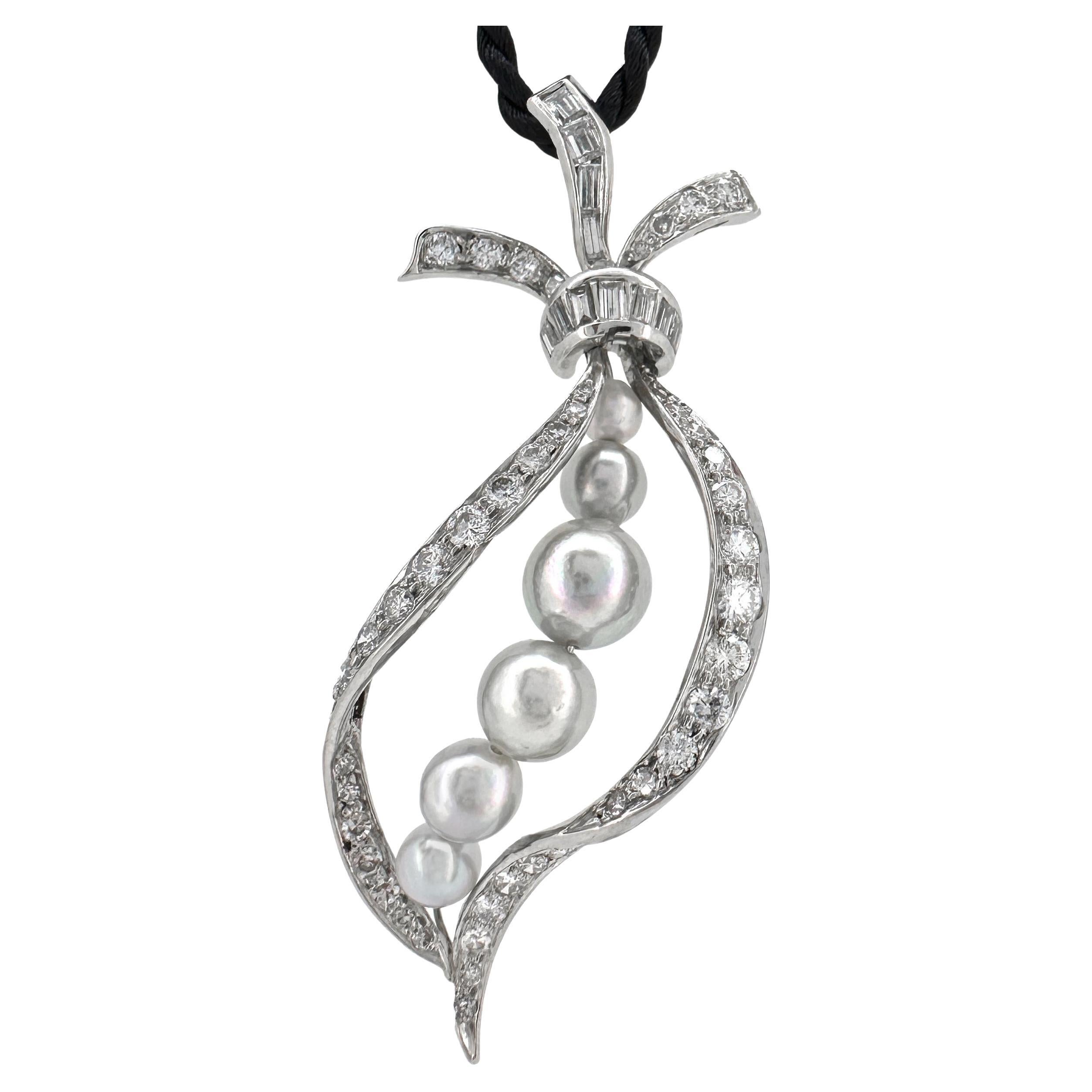 1 Carat Diamond Ribbon Pendant in Platinum with Silver-Blue Akoya Pearls