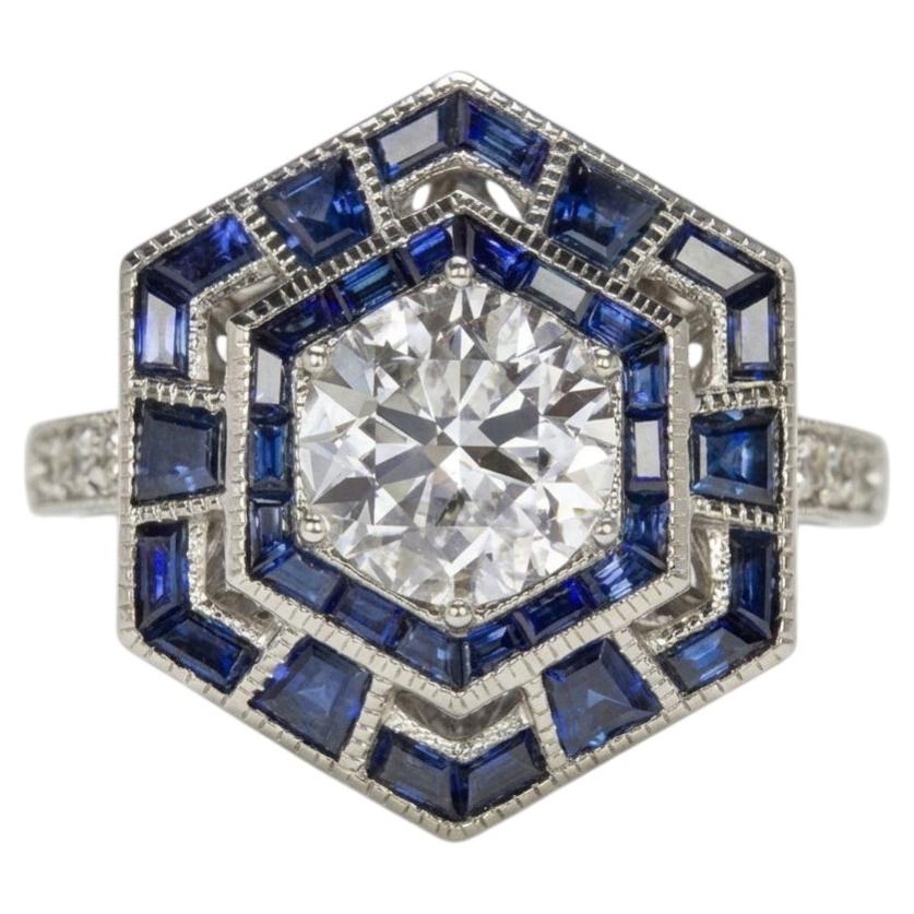 1 Carat Diamond Sapphire Geometric Hexagon Cocktail Ring For Sale