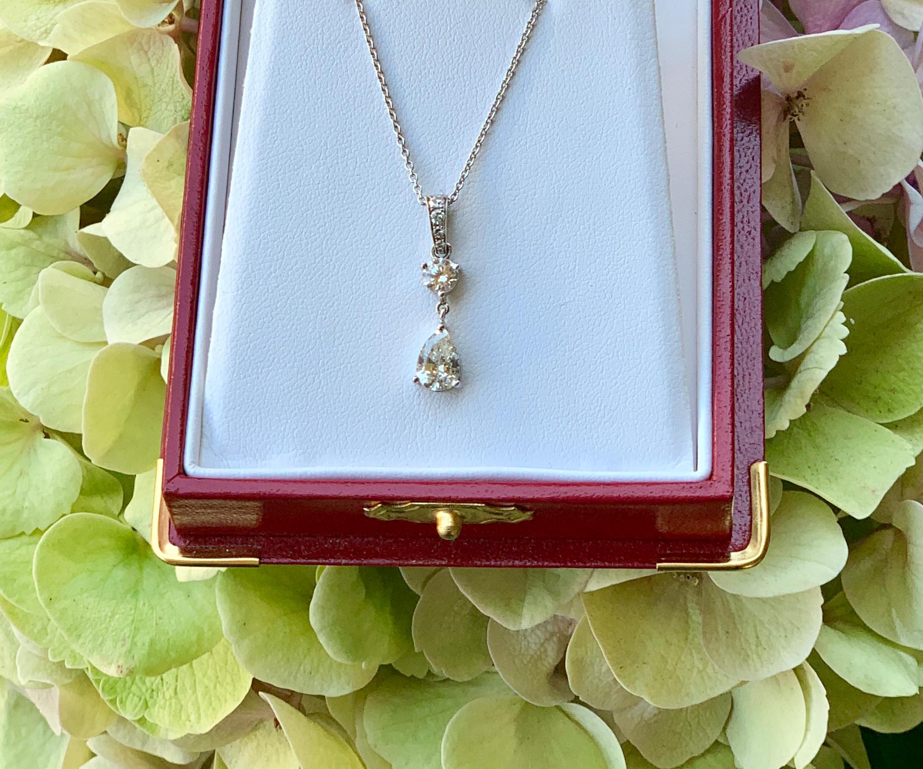 Women's 1 Carat Diamonds White Gold Pendant Necklace Pear Cut with Round Diamond Accents