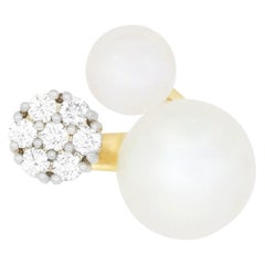 1 Carat Double Pearl and 0.72 Carat Diamond Flower Ring