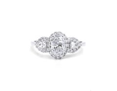 GIA-Certified 1ct Oval Diamond Three-Stone Halo Engagement Ring - 18K White Gold