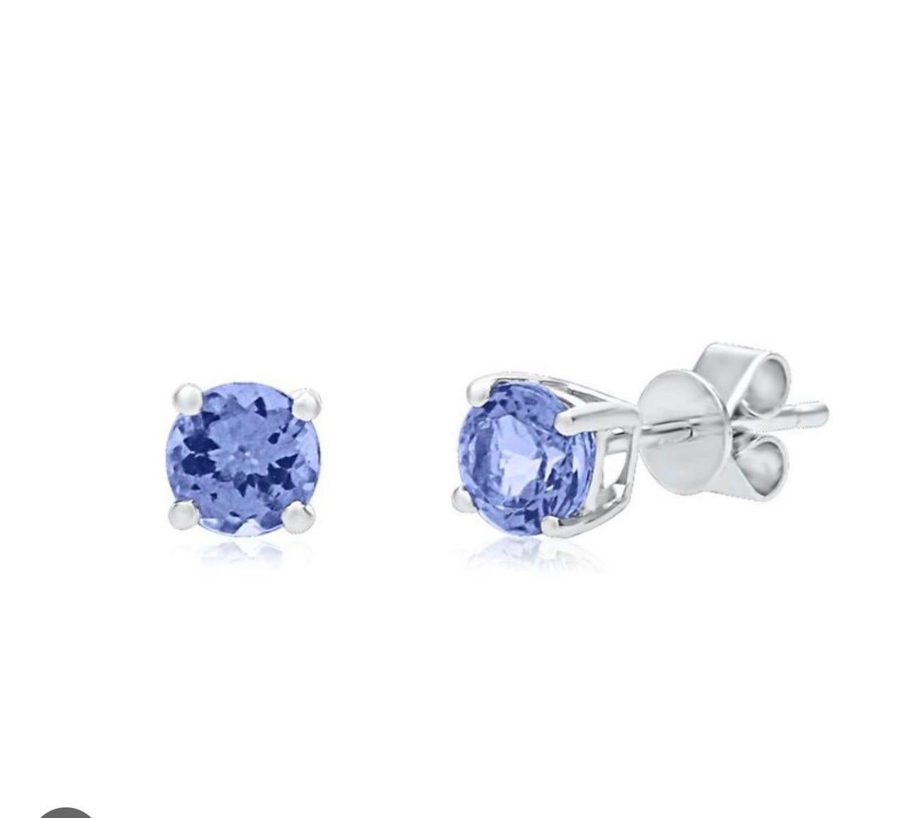 1 Carat Each Round Tanzanite Stud Earrings 14 Karat White Gold, Post Back In Excellent Condition In New York, NY