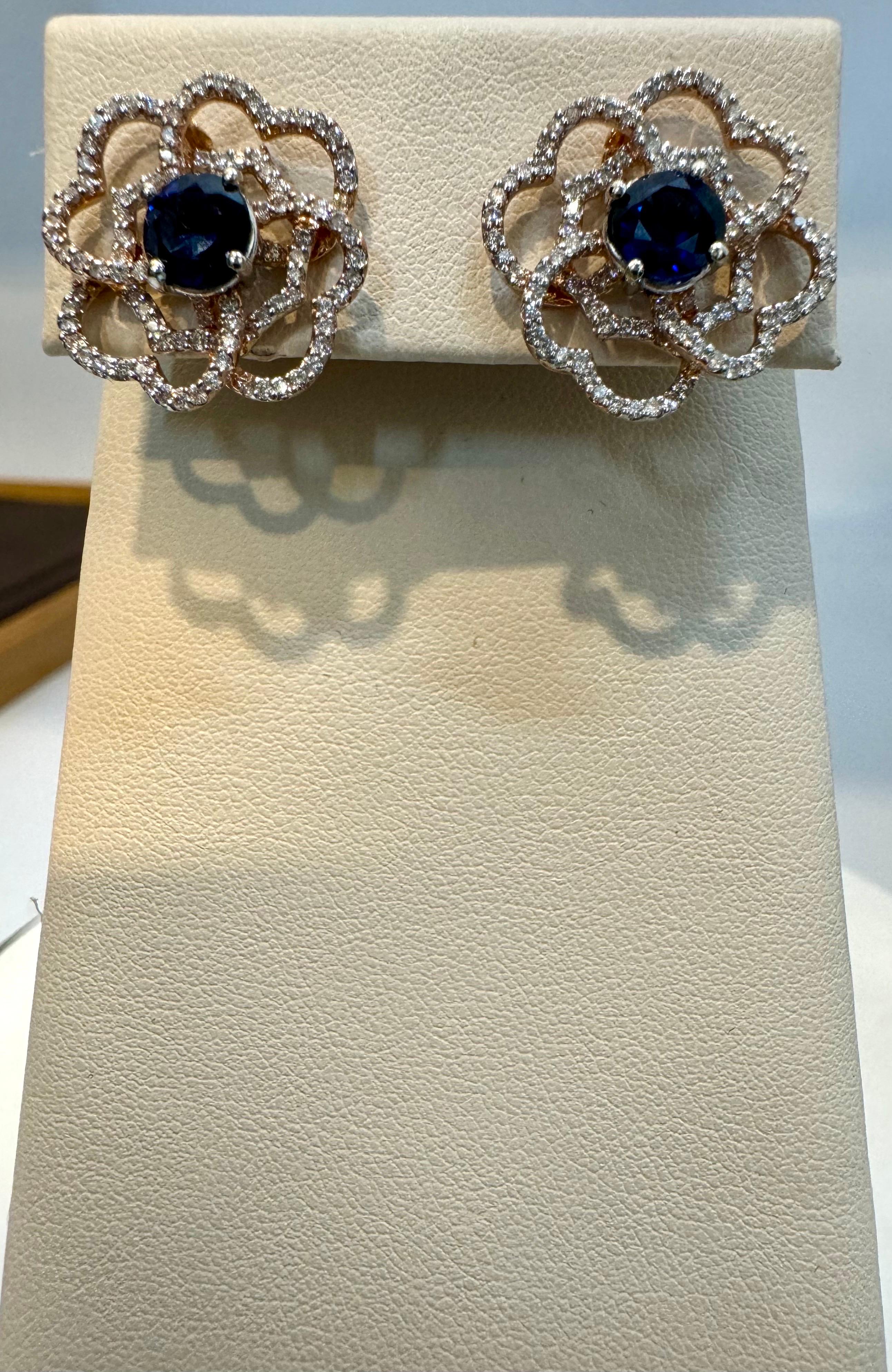 1 Carat Each Sapphire Diamond Flower/Cluster Earring 14 Karat Rose Gold For Sale 5