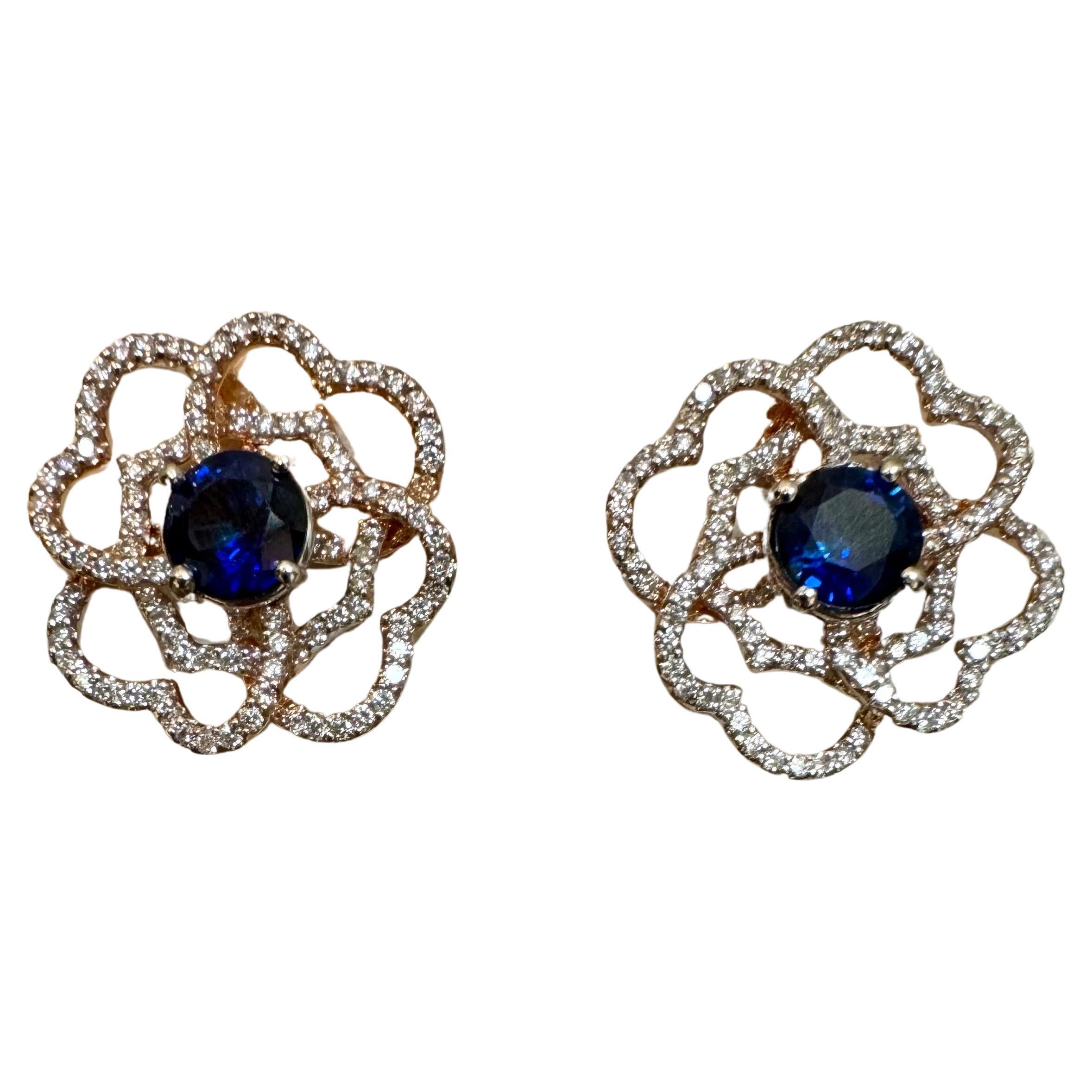1 Carat Each Sapphire Diamond Flower/Cluster Earring 14 Karat Rose Gold For Sale 6
