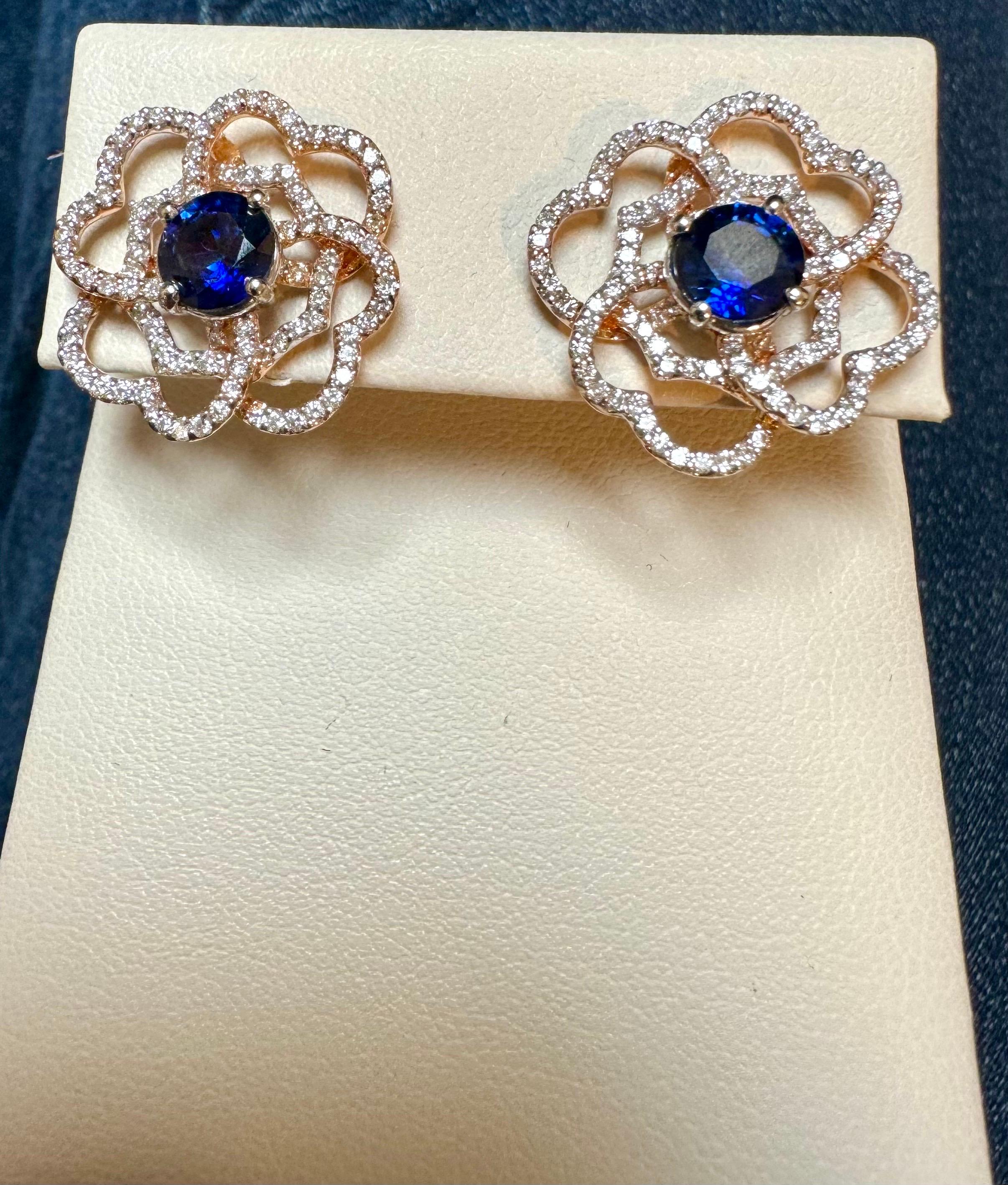 1 Carat Each Sapphire Diamond Flower/Cluster Earring 14 Karat Rose Gold For Sale 7