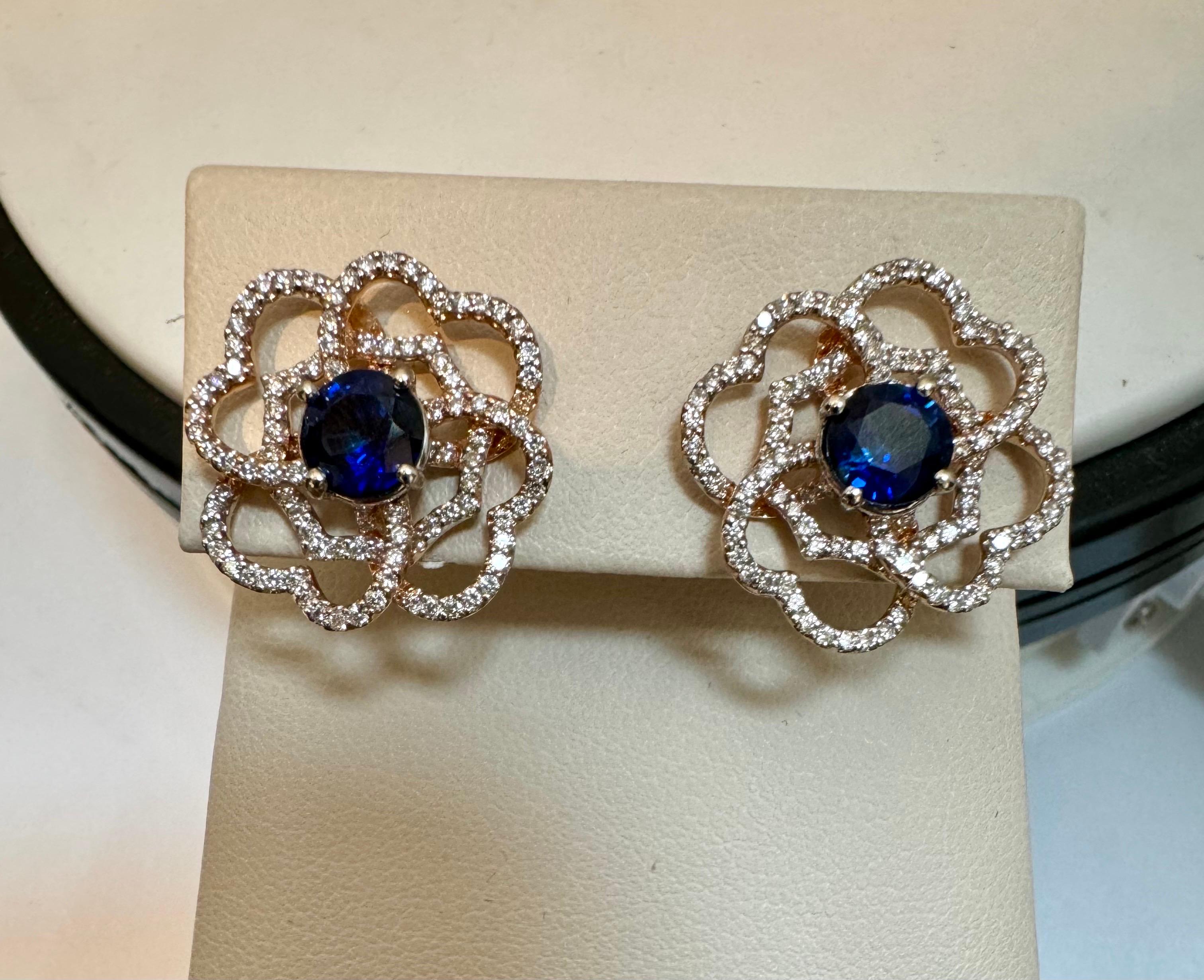 1 Carat Each Sapphire Diamond Flower/Cluster Earring 14 Karat Rose Gold For Sale 8
