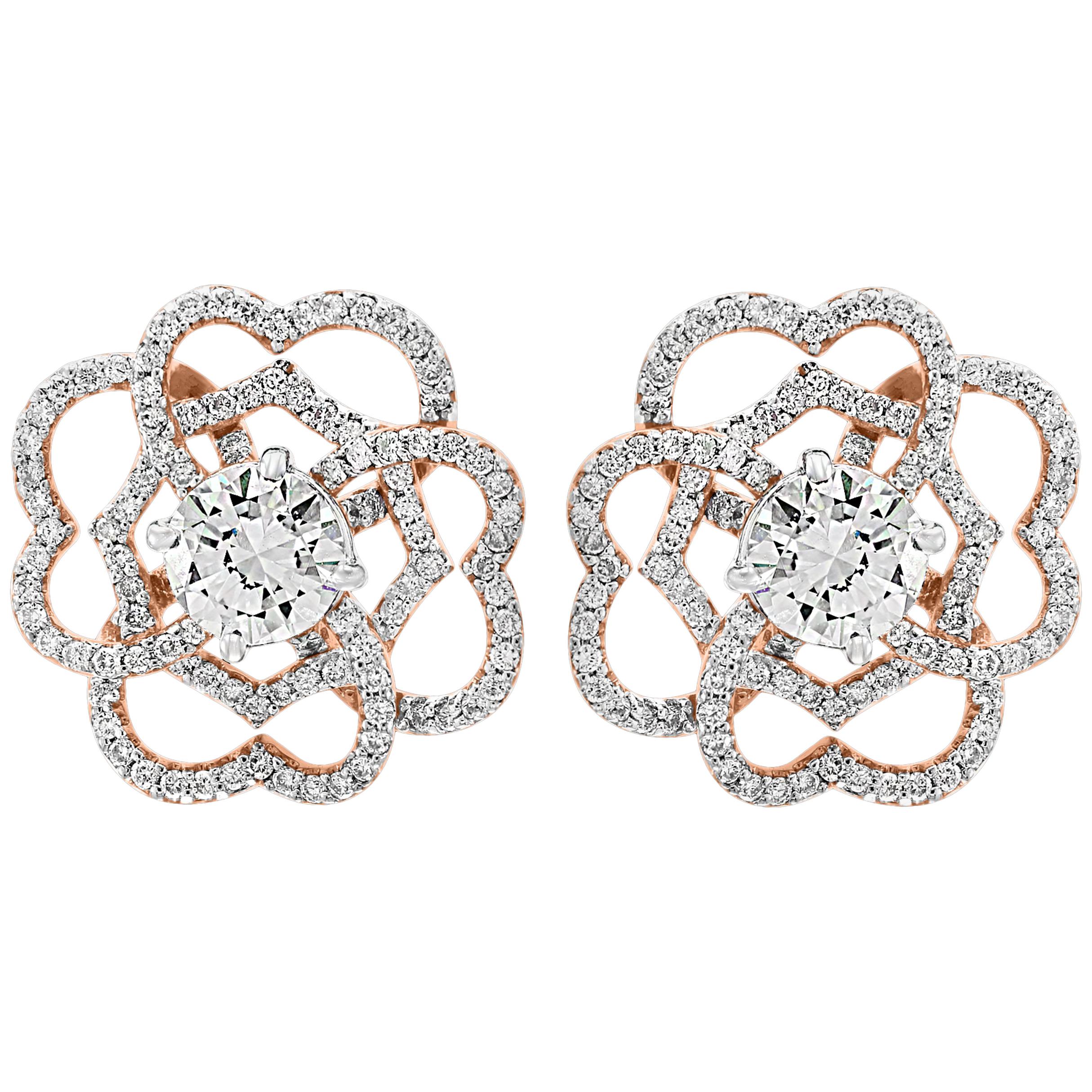 Round Cut 1 Carat Each Sapphire Diamond Flower/Cluster Earring 14 Karat Rose Gold For Sale