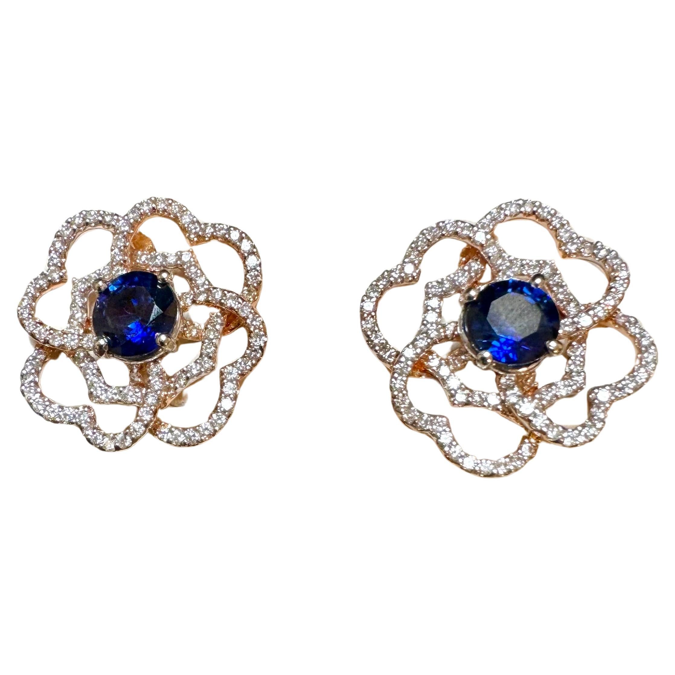 Women's 1 Carat Each Sapphire Diamond Flower/Cluster Earring 14 Karat Rose Gold For Sale