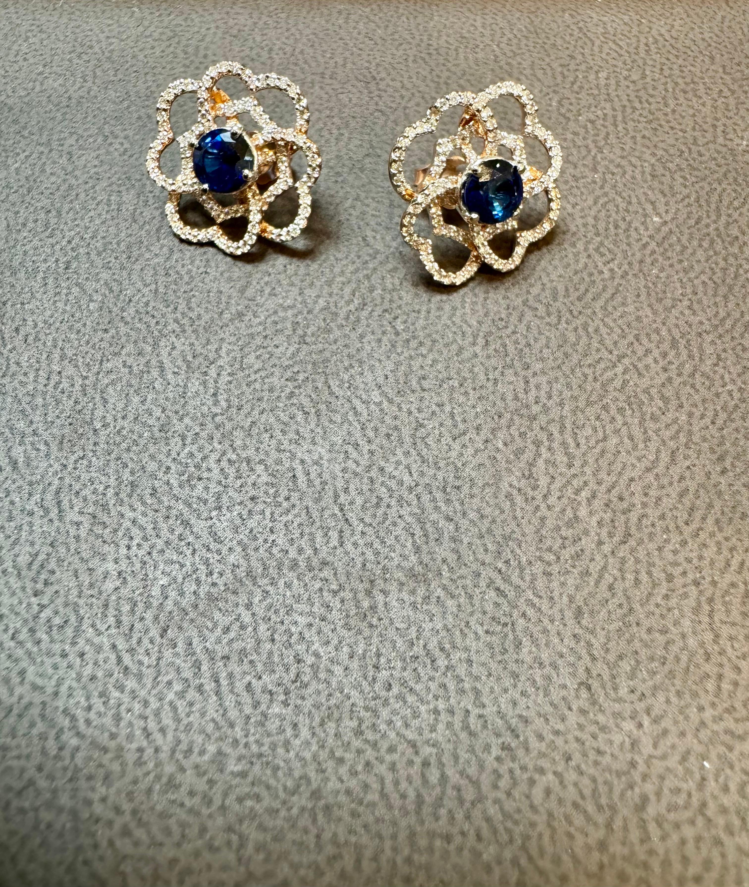 1 Carat Each Sapphire Diamond Flower/Cluster Earring 14 Karat Rose Gold For Sale 1