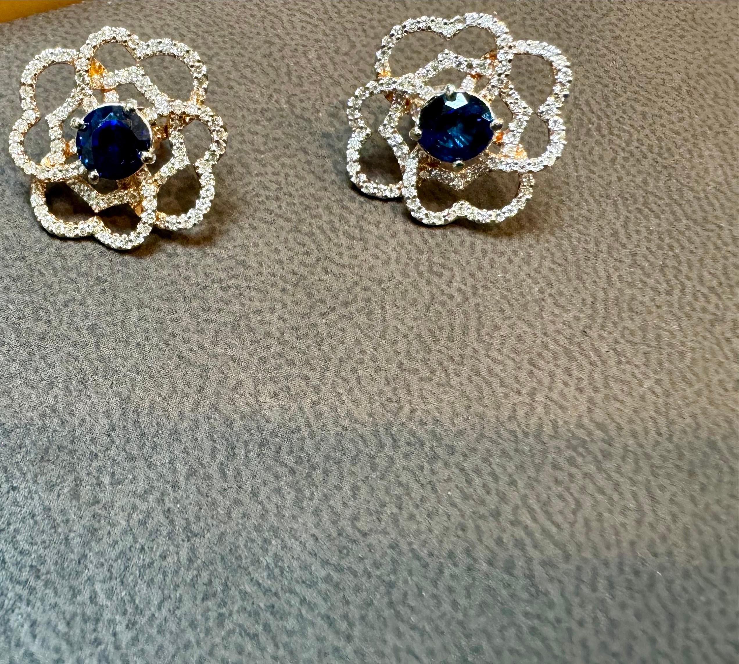 1 Carat Each Sapphire Diamond Flower/Cluster Earring 14 Karat Rose Gold For Sale 2