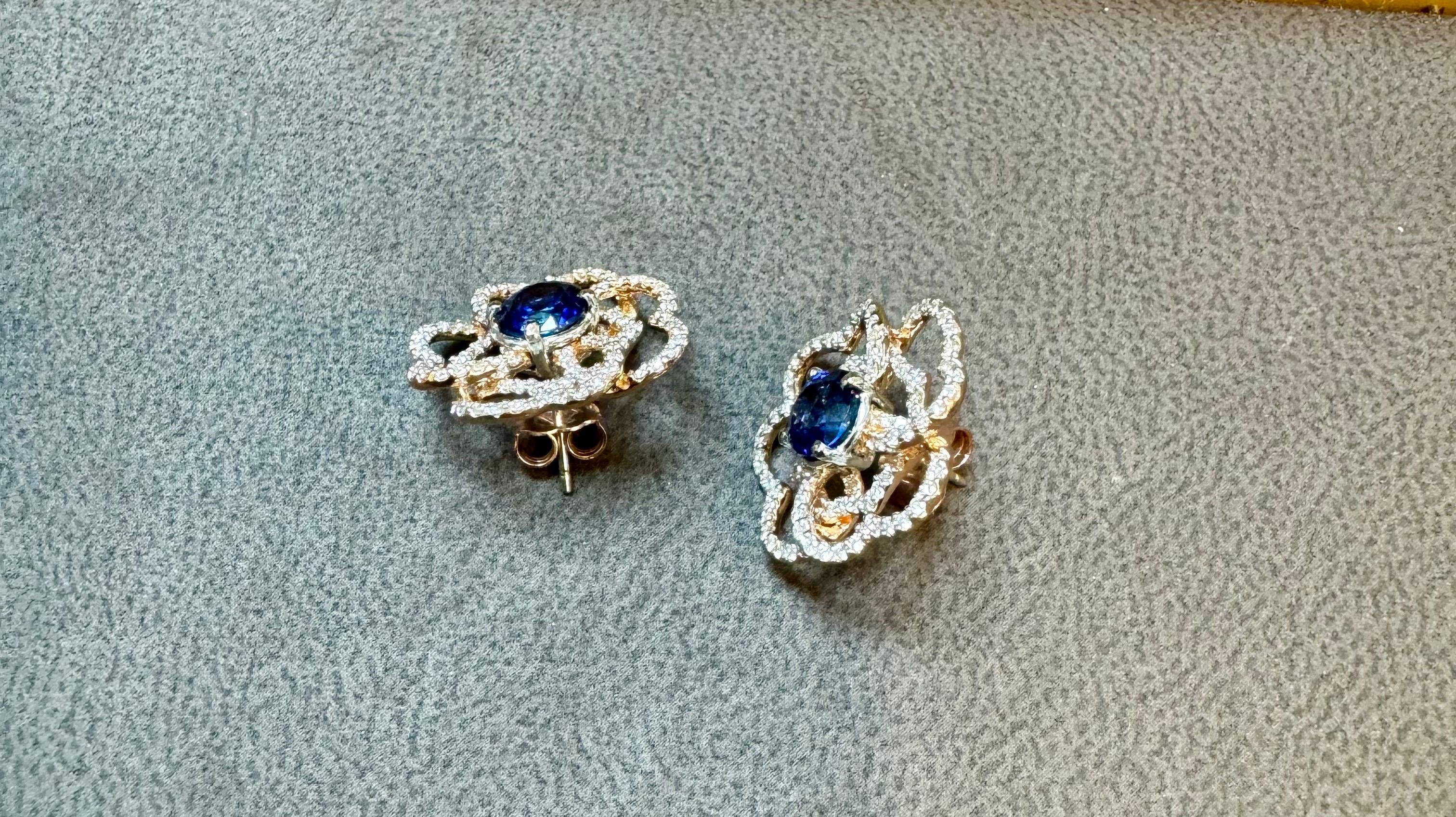 1 Carat Each Sapphire Diamond Flower/Cluster Earring 14 Karat Rose Gold For Sale 4