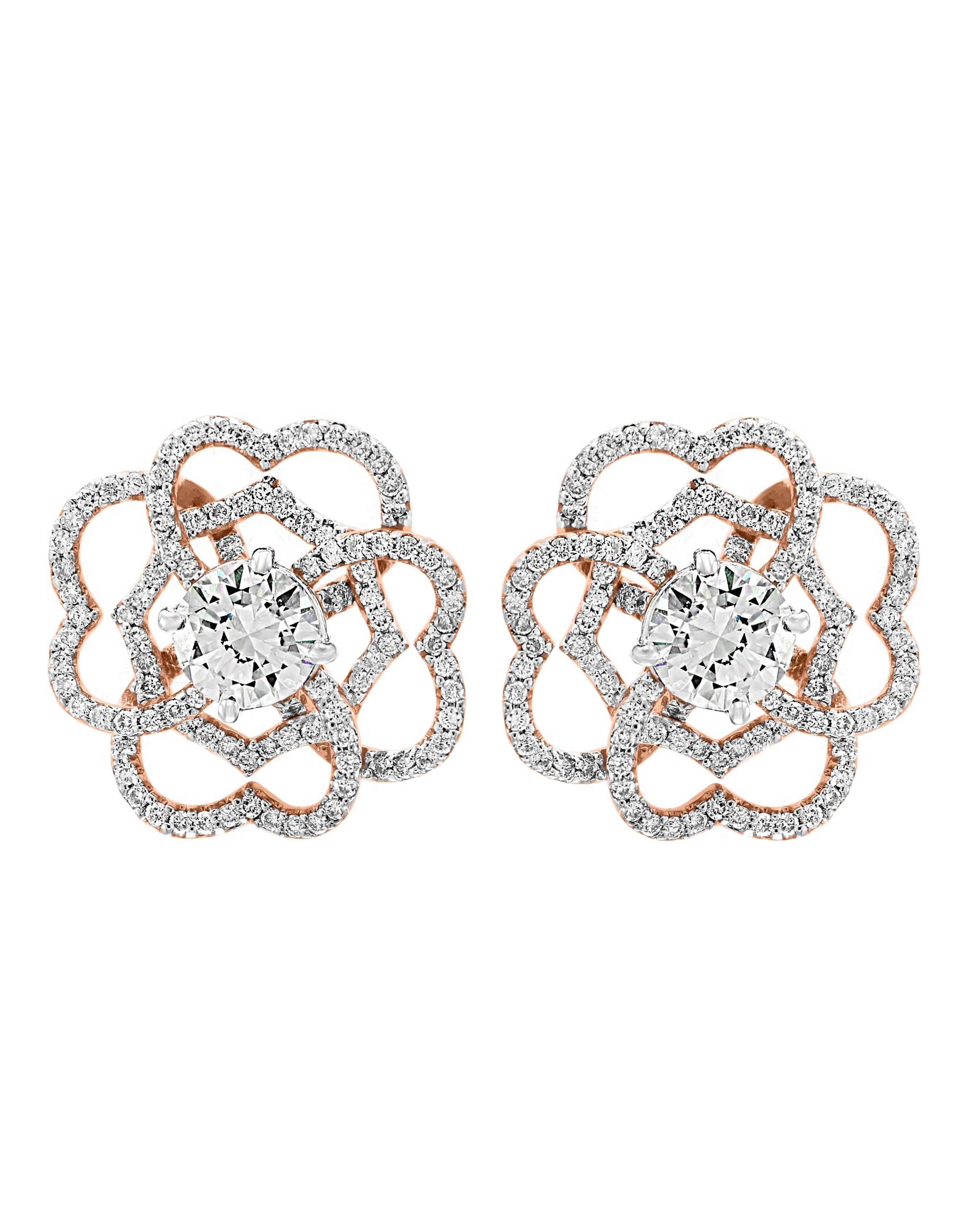 Round Cut 1 Carat Each Solitaire Centre Diamond Flower/Cluster Earring 14 Karat Rose Gold For Sale