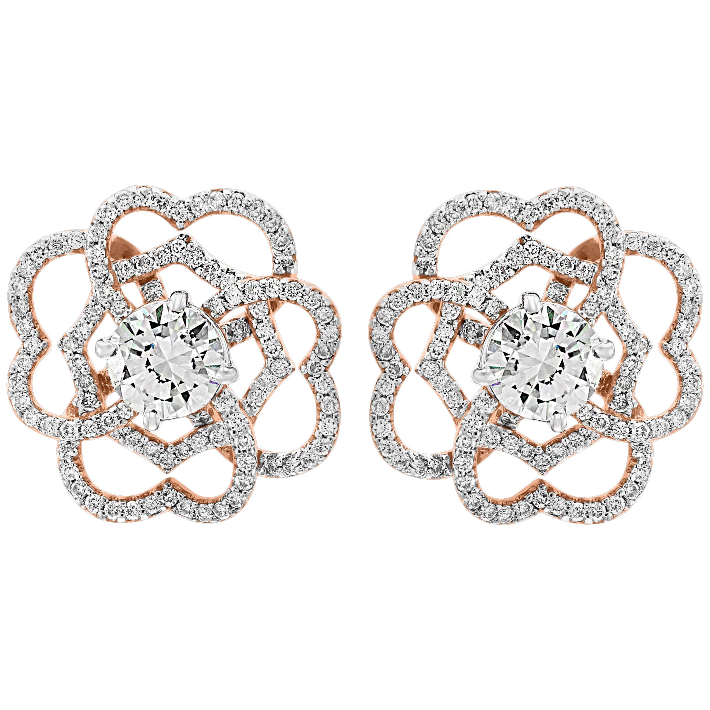 1 Carat Each Solitaire Centre Diamond Flower/Cluster Earring 14 Karat Rose Gold For Sale
