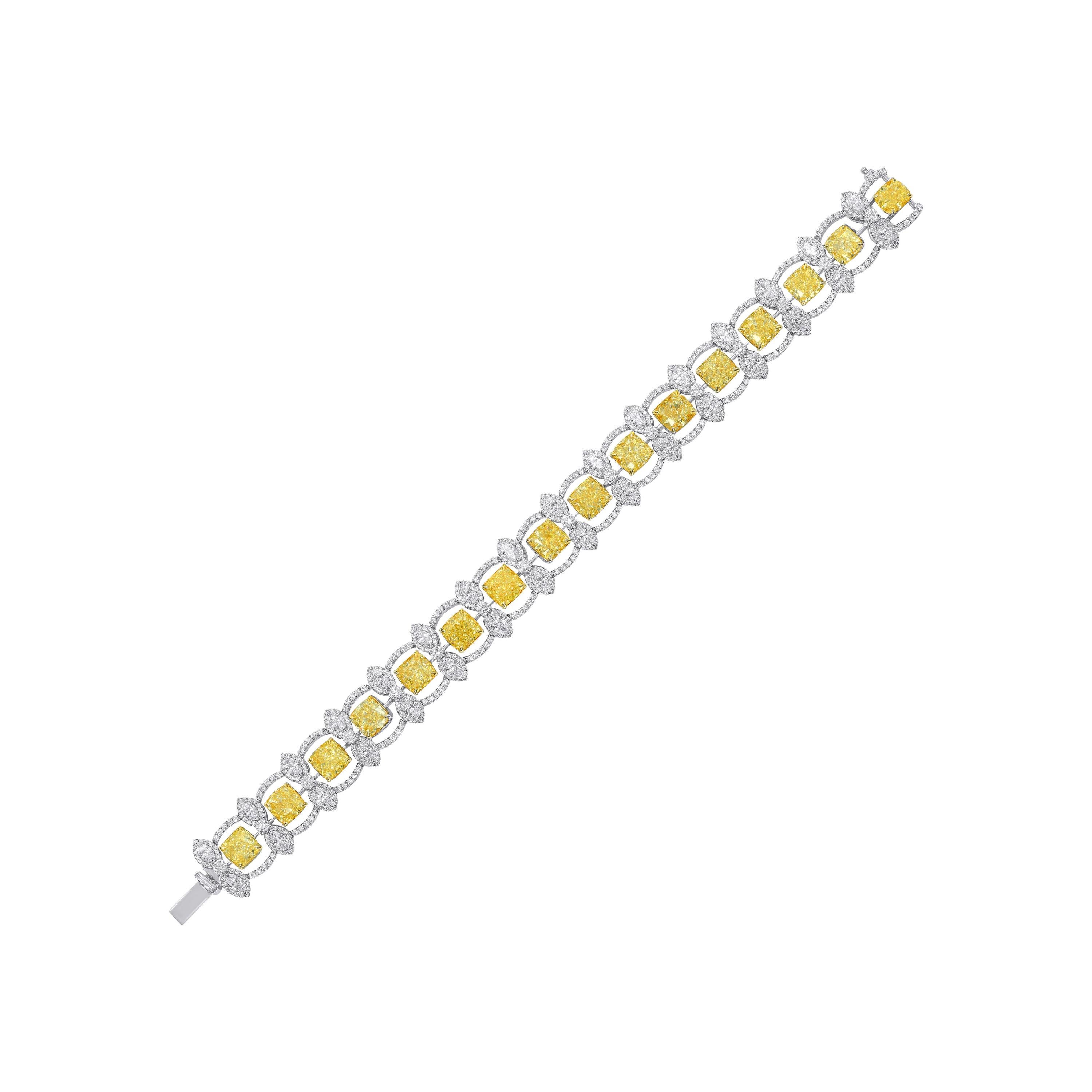 1 Carat Each Tennis Yellow Cushion Diamond Bracelet, 24.51 Carat For Sale