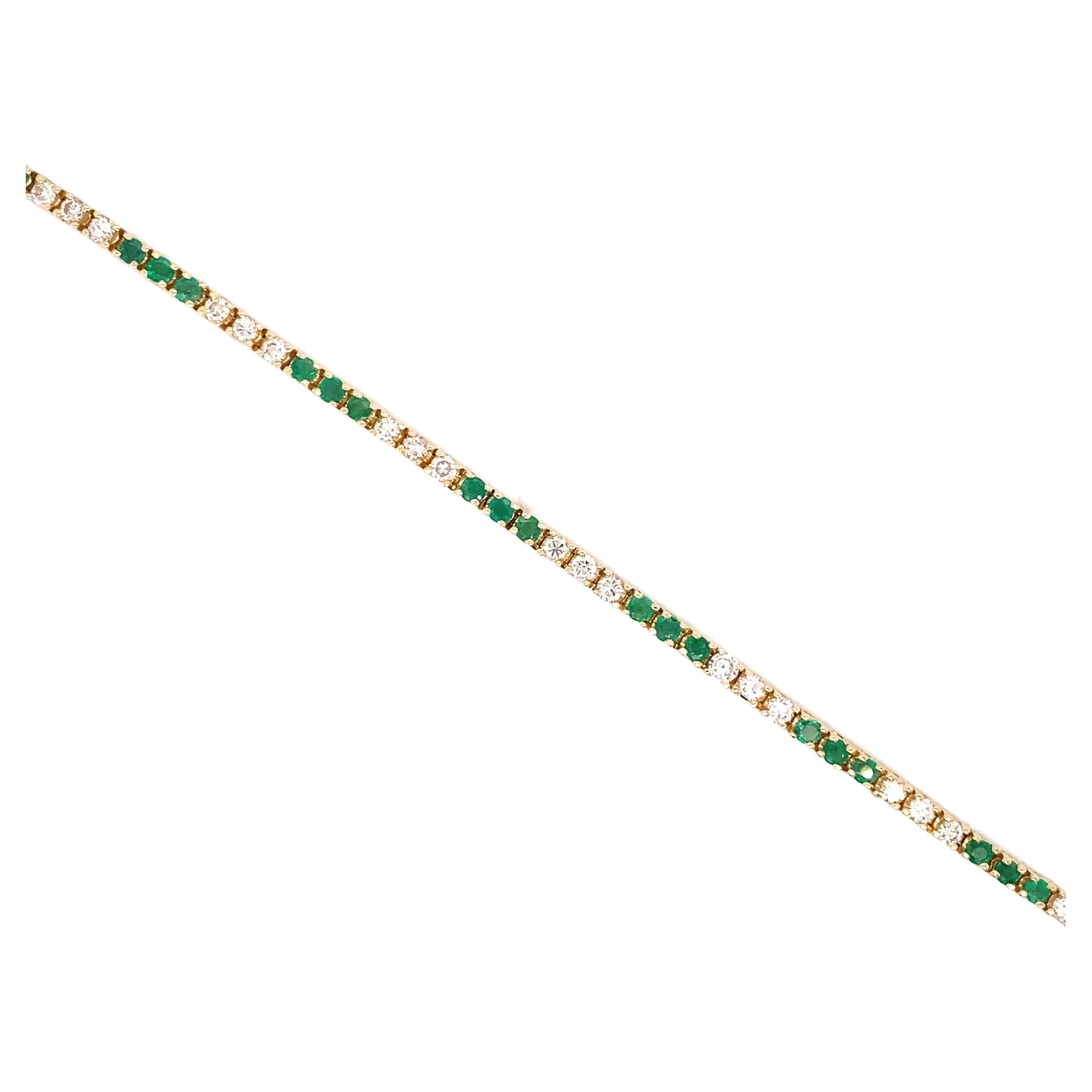 1 Carat Emerald and 1 Carat Diamond Tennis Bracelet in 14 Karat Gold For Sale
