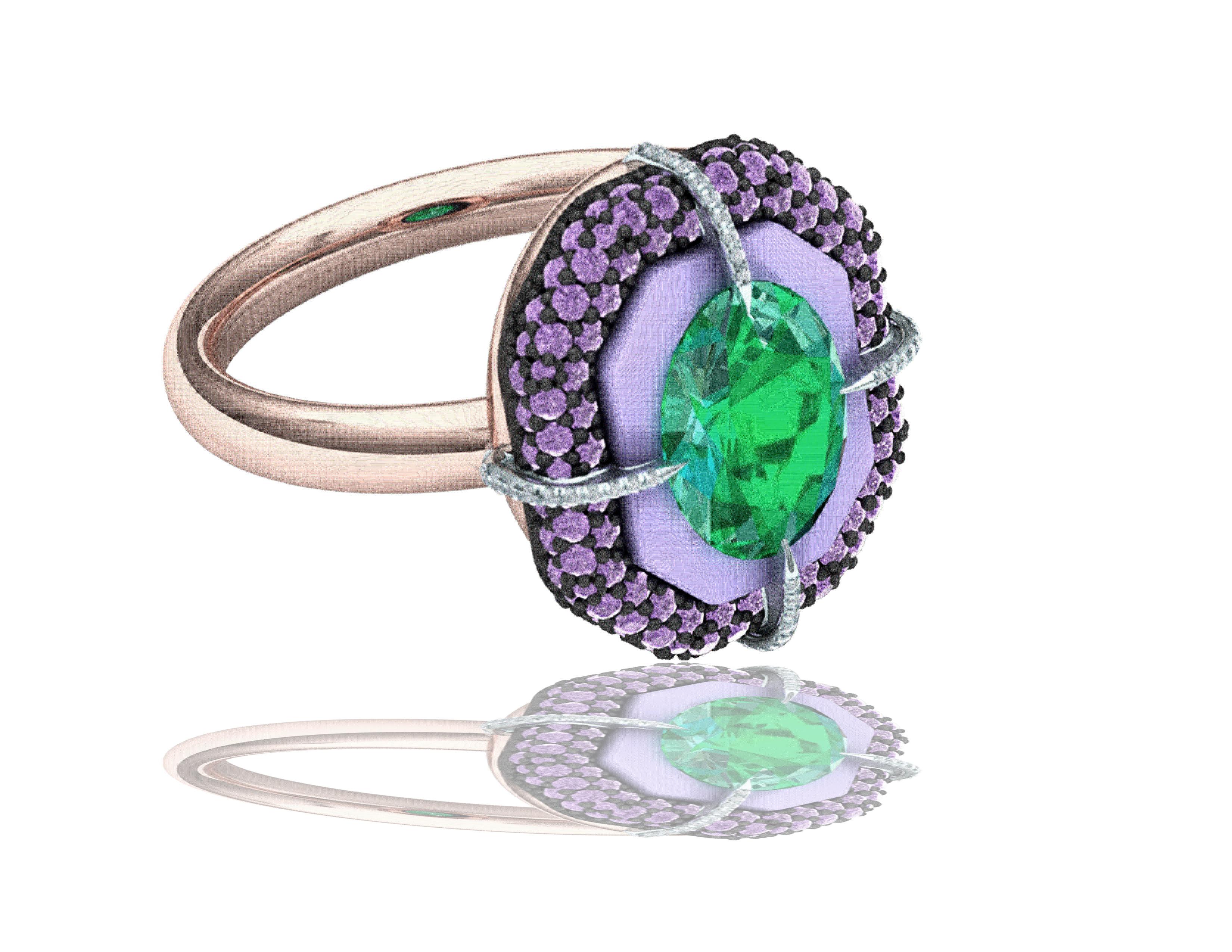 A stunning modern display of color and composition, this ring has a beautiful blend of rich green with light lavender purple.  The center stone is a 1-carat oval cut emerald which is set in a custom cut piece of calcedony.  These two stones are set