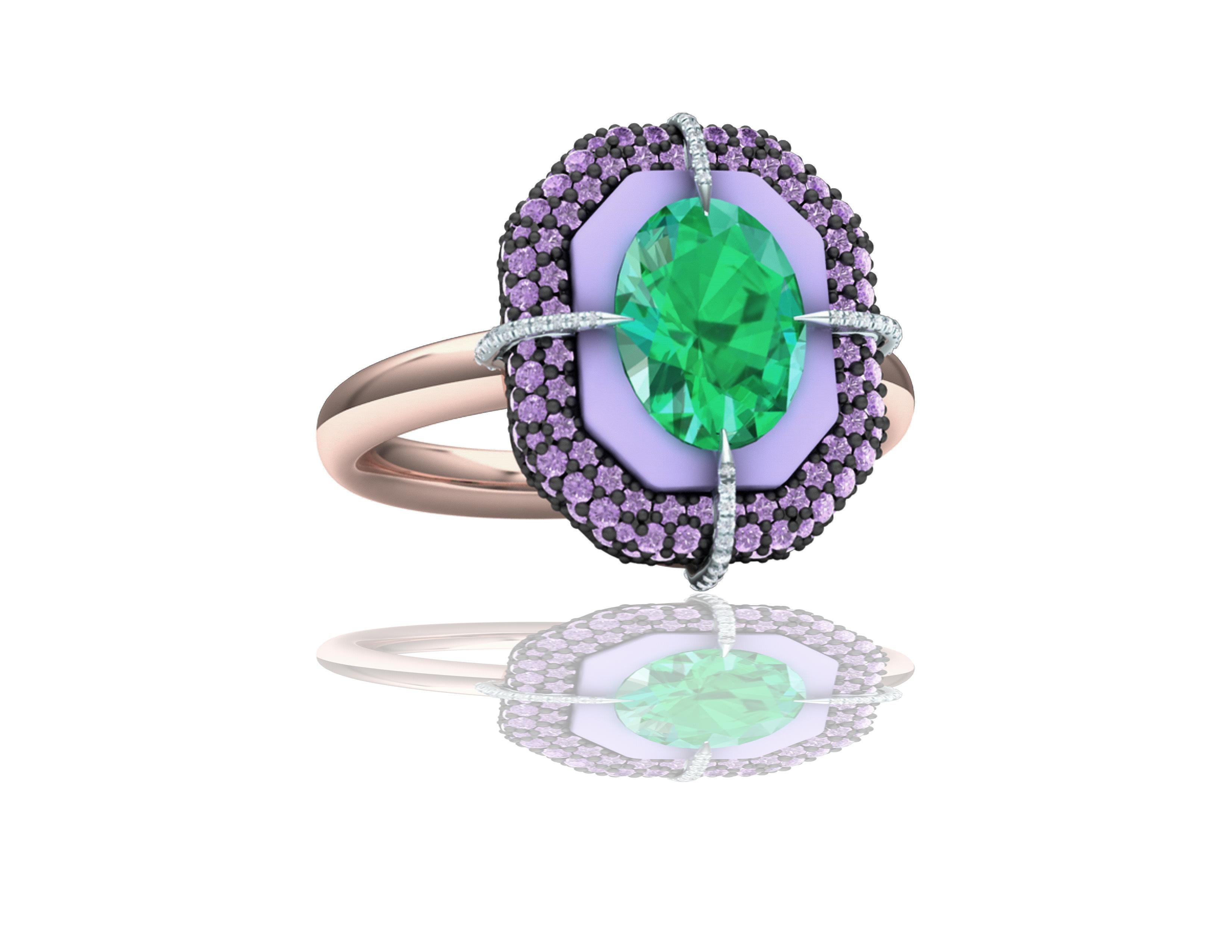 Oval Cut 1 Carat Emerald and Purple Sapphire Cocktail Ring For Sale