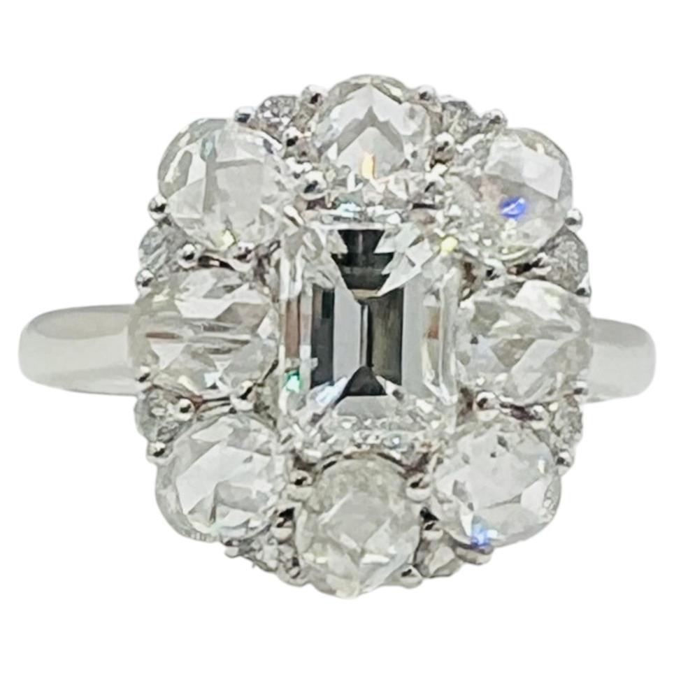 1 Carat Emerald and Round Diamond Ring in 18K White Gold