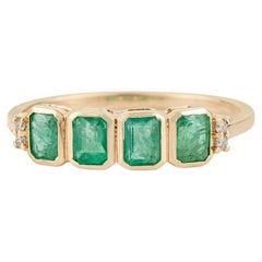 1 Carat Emerald Bezel-Set Band Ring with Diamond Accents in 14K Yellow Gold