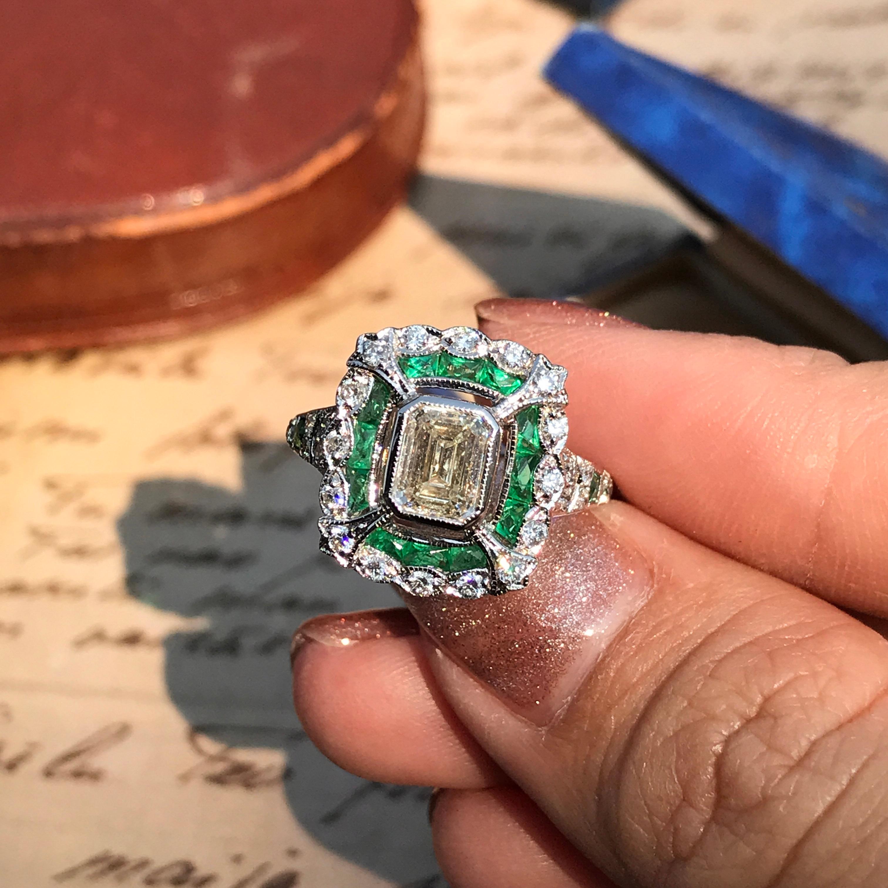 GIA Emerald Cut Diamond Emerald Art Deco Style Engagement Ring in 18k Gold In New Condition For Sale In Bangkok, TH