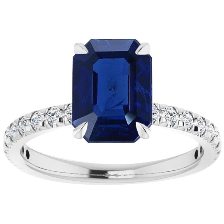 1.40 Carat Emerald-Cut No-Heat Burmese Sapphire and Diamond Engagement Ring