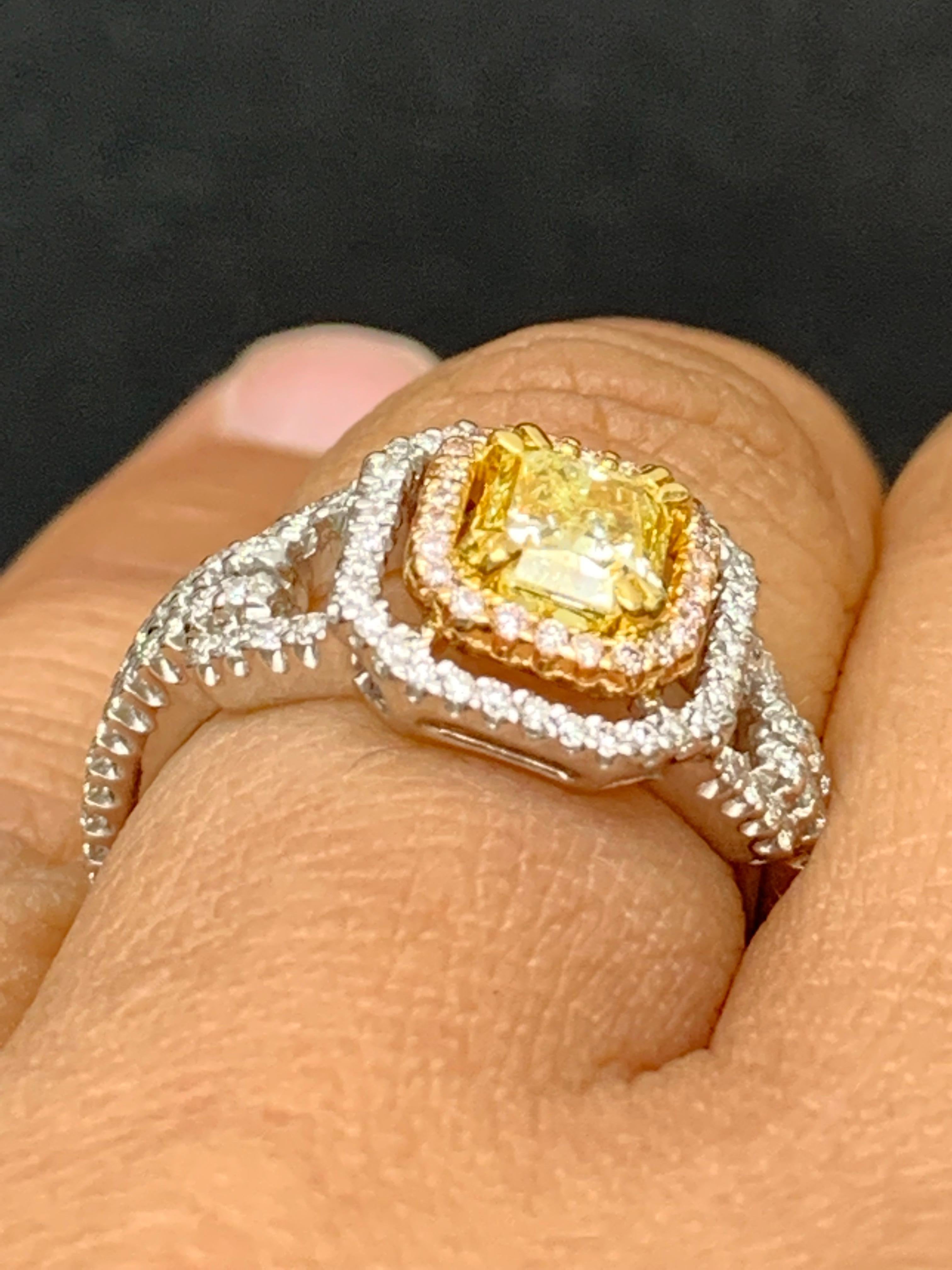 1 Carat Emerald Cut Yellow Diamond Ring in 18k Mix Gold For Sale 5
