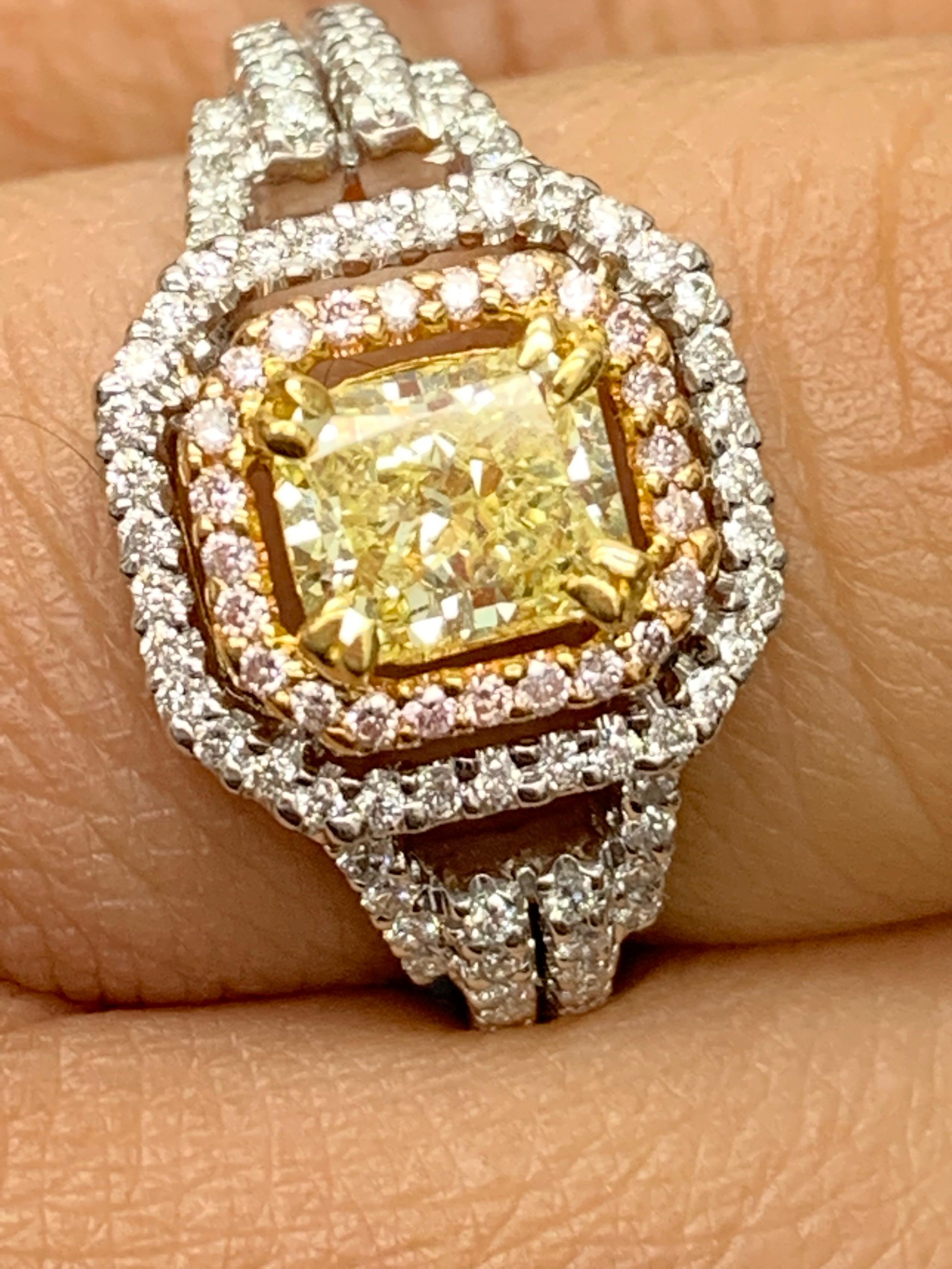 1 Carat Emerald Cut Yellow Diamond Ring in 18k Mix Gold For Sale 9