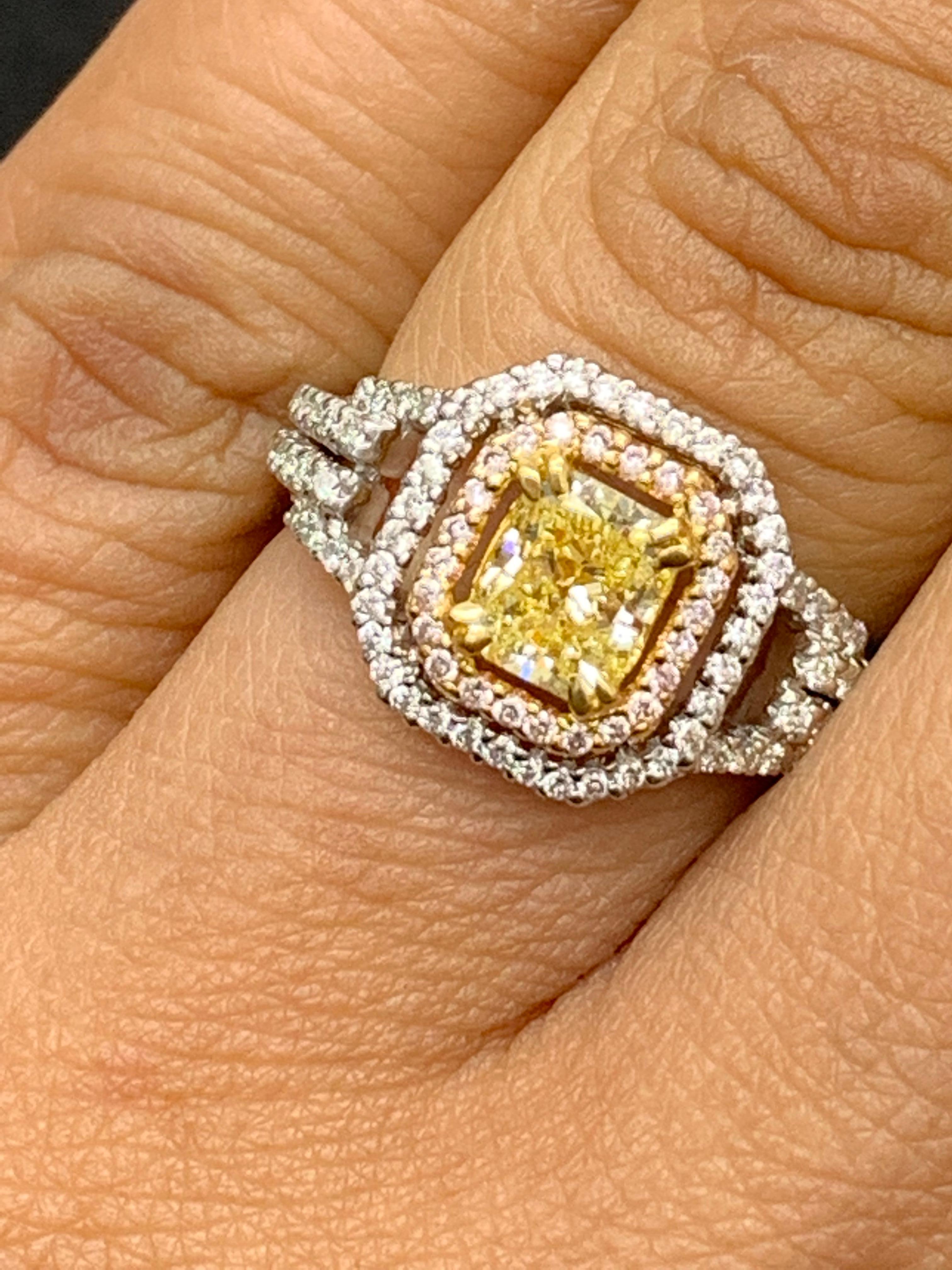 1 Carat Emerald Cut Yellow Diamond Ring in 18k Mix Gold For Sale 11