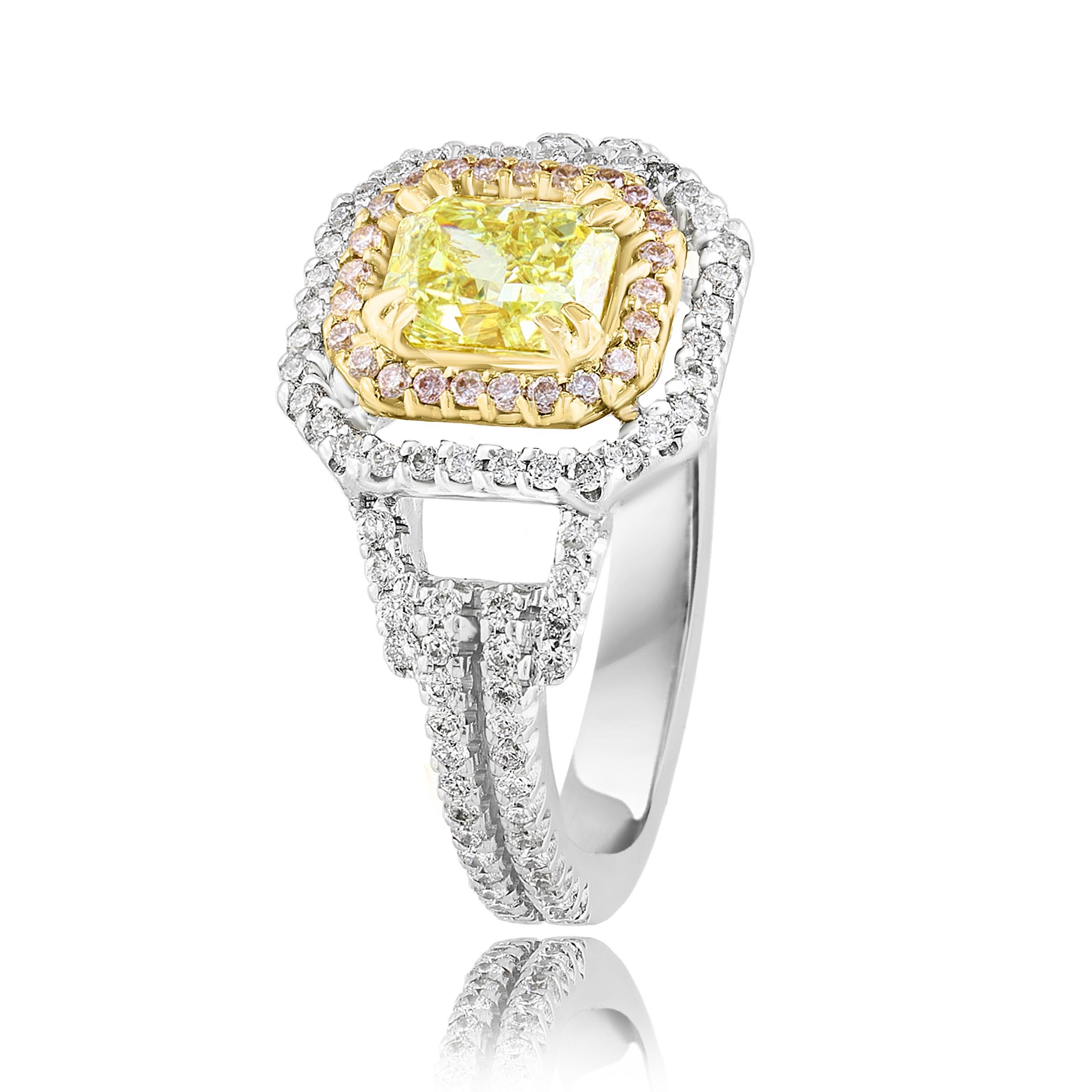 Modern 1 Carat Emerald Cut Yellow Diamond Ring in 18k Mix Gold For Sale