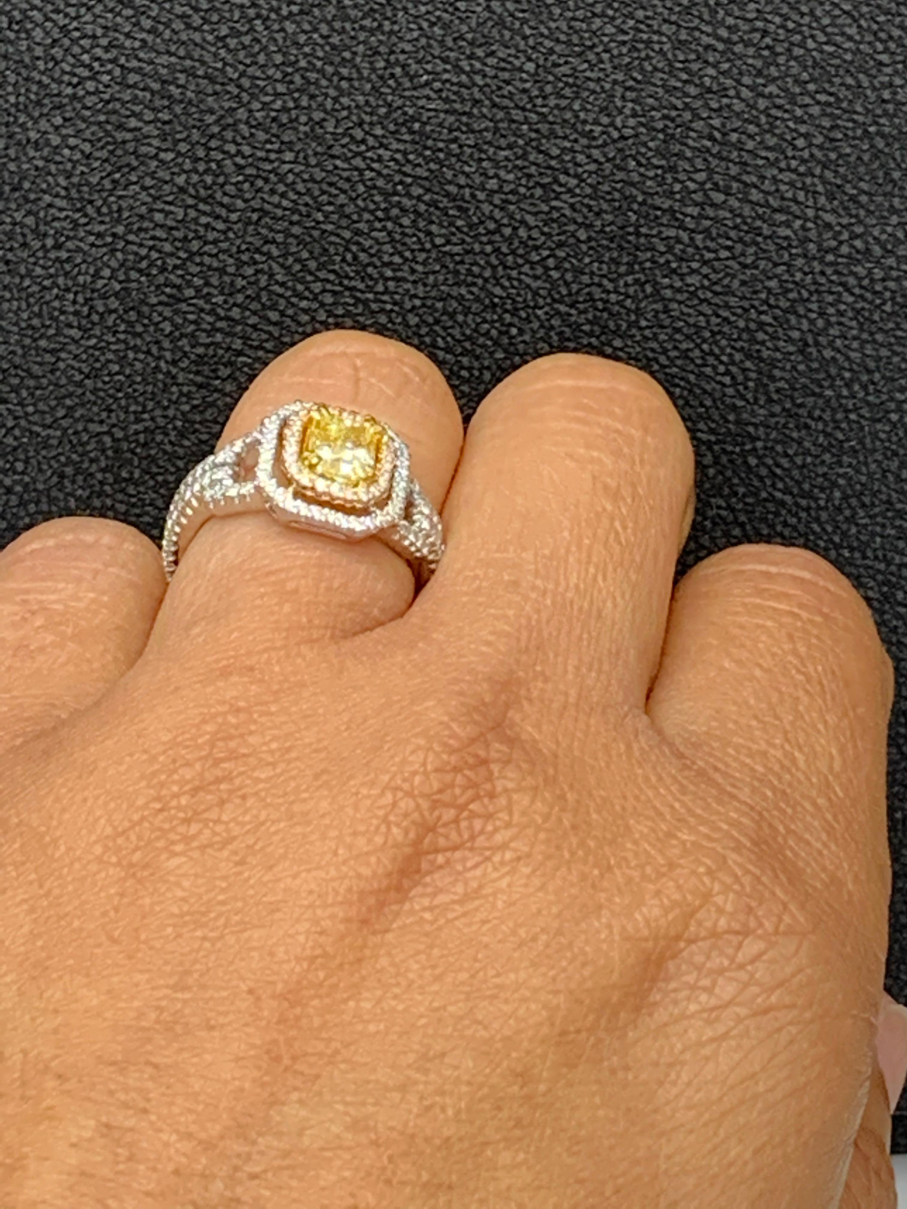 1 Carat Emerald Cut Yellow Diamond Ring in 18k Mix Gold In New Condition For Sale In NEW YORK, NY