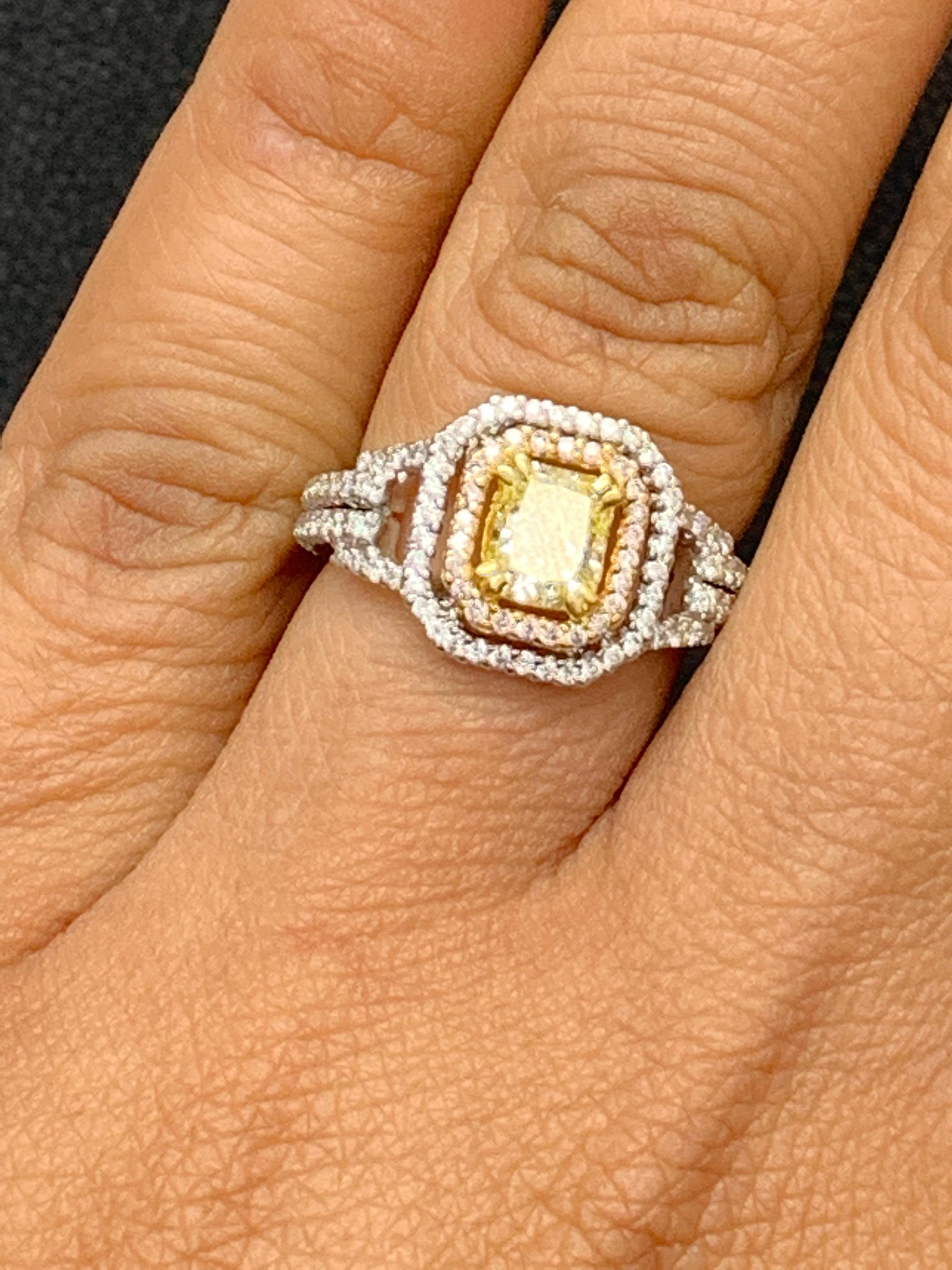 1 Carat Emerald Cut Yellow Diamond Ring in 18k Mix Gold For Sale 2